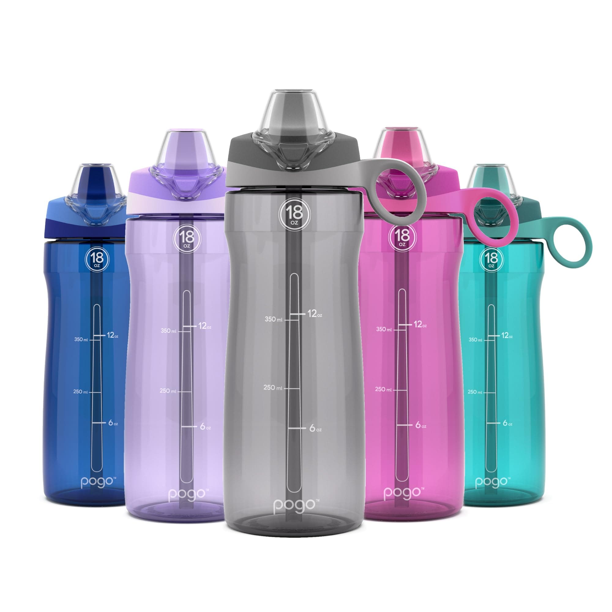Pogo 18oz Plastic Water Bottle with Straw Lid with Carry Handle, Reusable, BPA Free, Dishwasher Safe, Perfect for Travel, School, Outdoors, and Gym