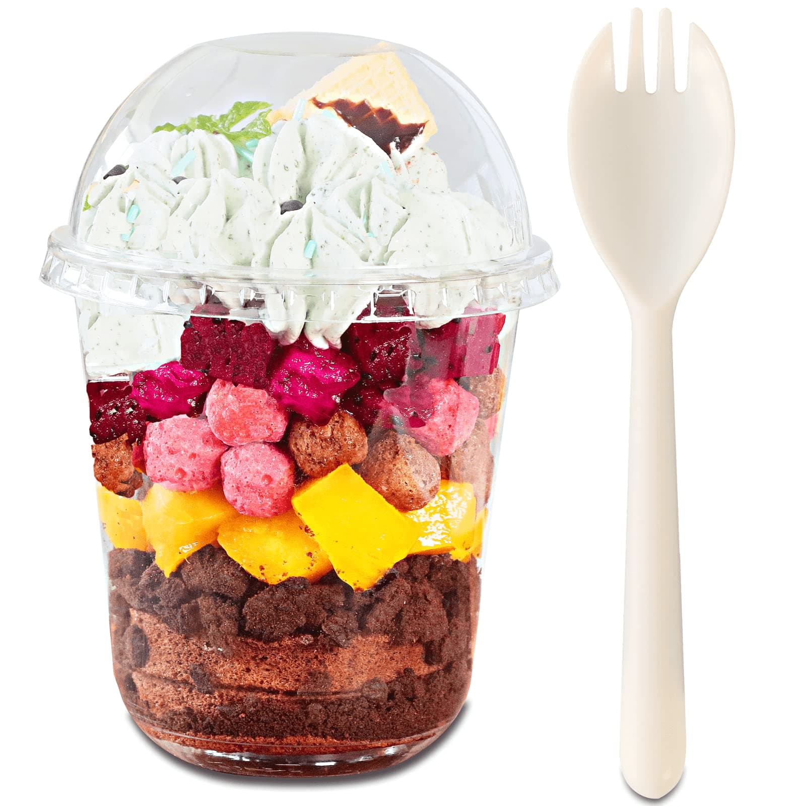 12 oz Clear Plastic Cups with Dome Lids No Hole and Sporks - (50 Sets) PET Disposable Dessert Parfait Cups for Ice Cream, Iced Cold Drinks, Cupcake, Fruit for Kids bday Party, Nice Sealing