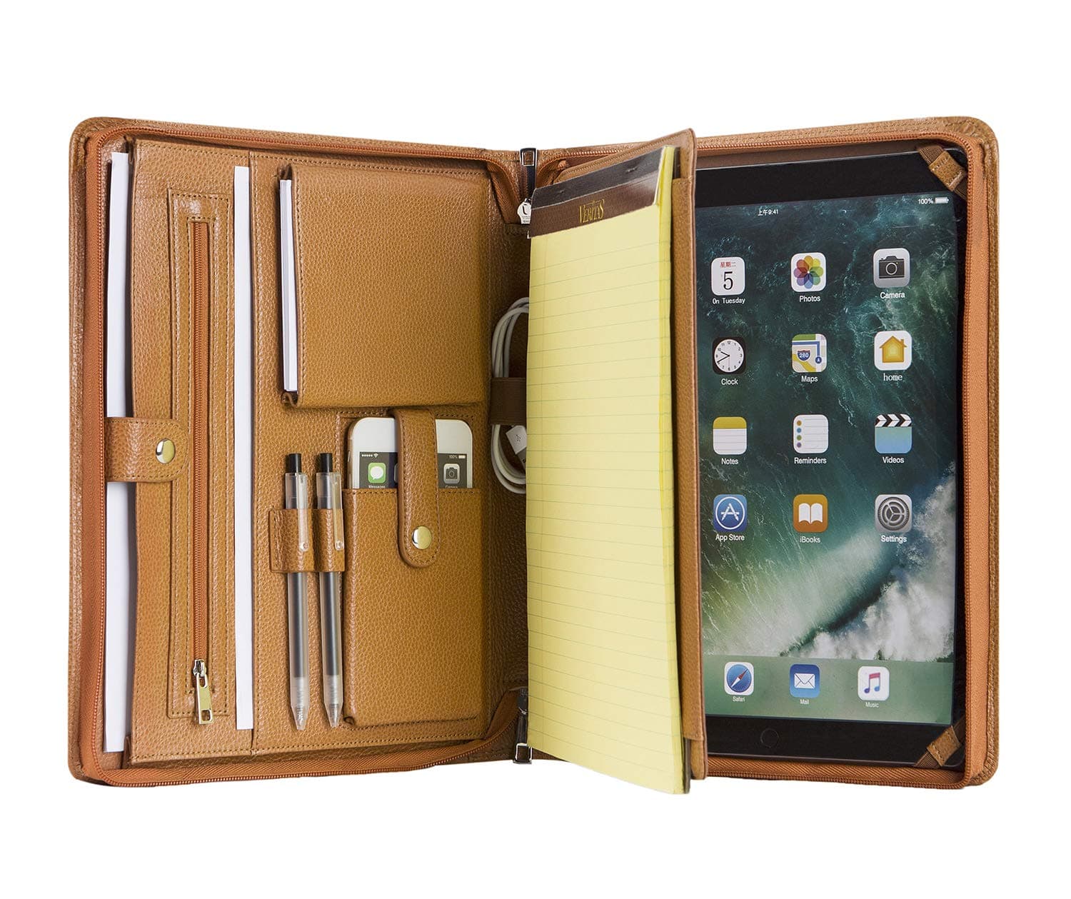 Handmade Genuine Leather Conference Folder Zipped for Surface Pro 7/6/5th Gen/4/3, A4 Size Portfolio Padfolio Case, Business Organizer, A4 Document Folder, Brown