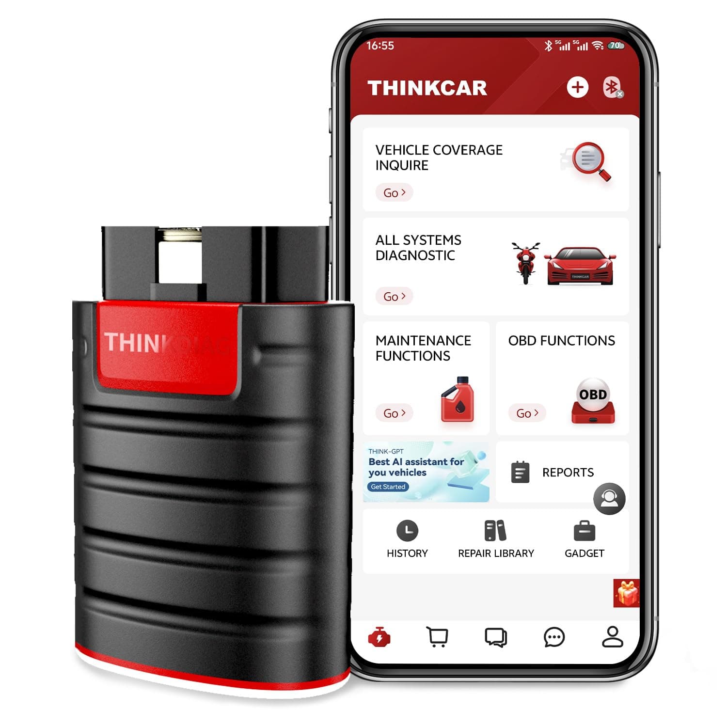 Thinkdiag OBD2 Scanner Bluetooth, All System Bidirectional scan Tool OE Level Diagnostic Tools with ECU Coding,16+ Service Functions All Software 1 Year Free fits for iPhone & Android