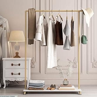 Gold Metal Clothing Rack with Shelf for Clothes Display, Industrial Pipe Garment Rack for Bedroom Retail Boutique Use