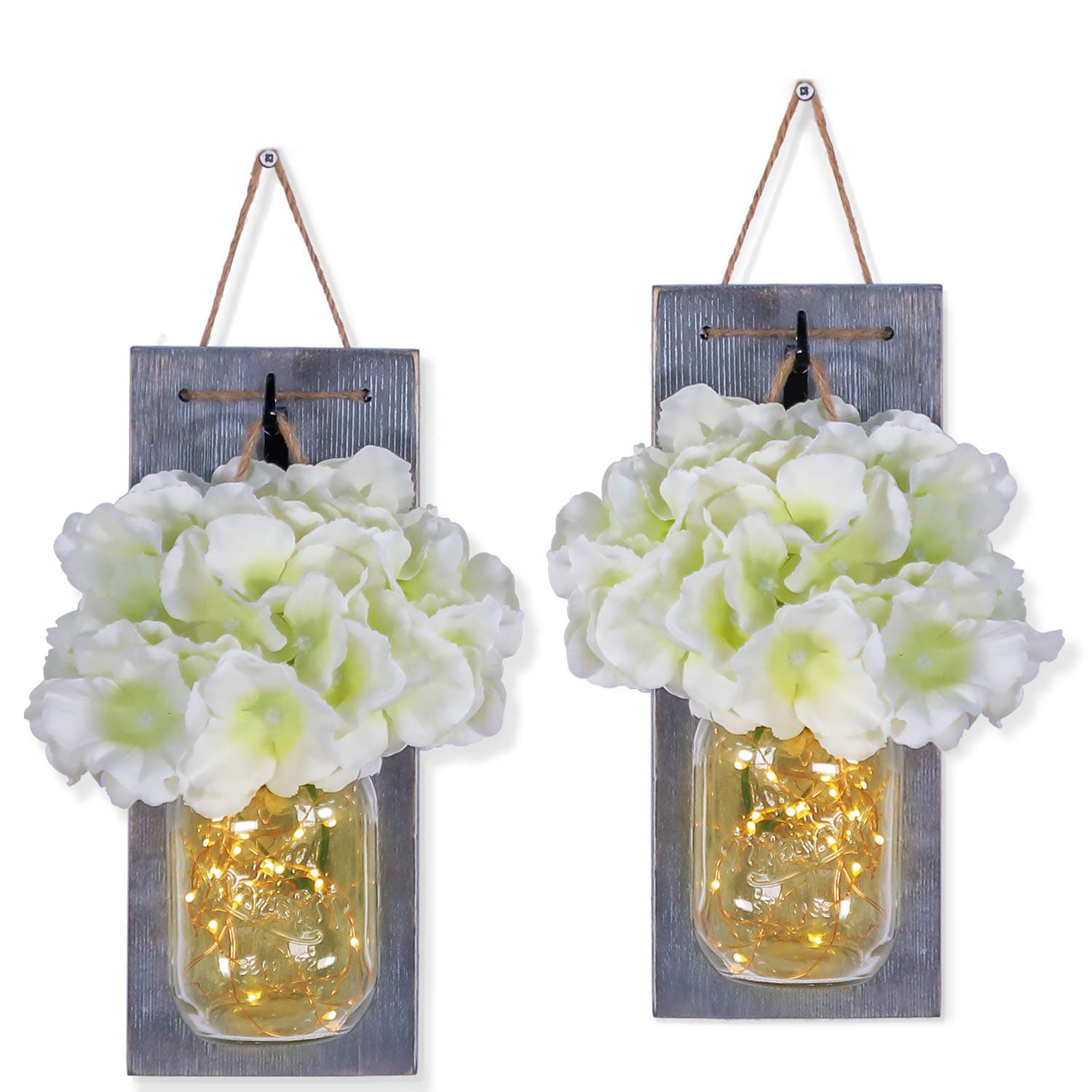 Mason Jar Sconce Wall Art Home Decor with LED Timer – Lighted Rustic Country Farmhouse Nightlight Decorations, Decorative Vase Accents for Kitchen, Bathroom, Bedroom, Venue, Office