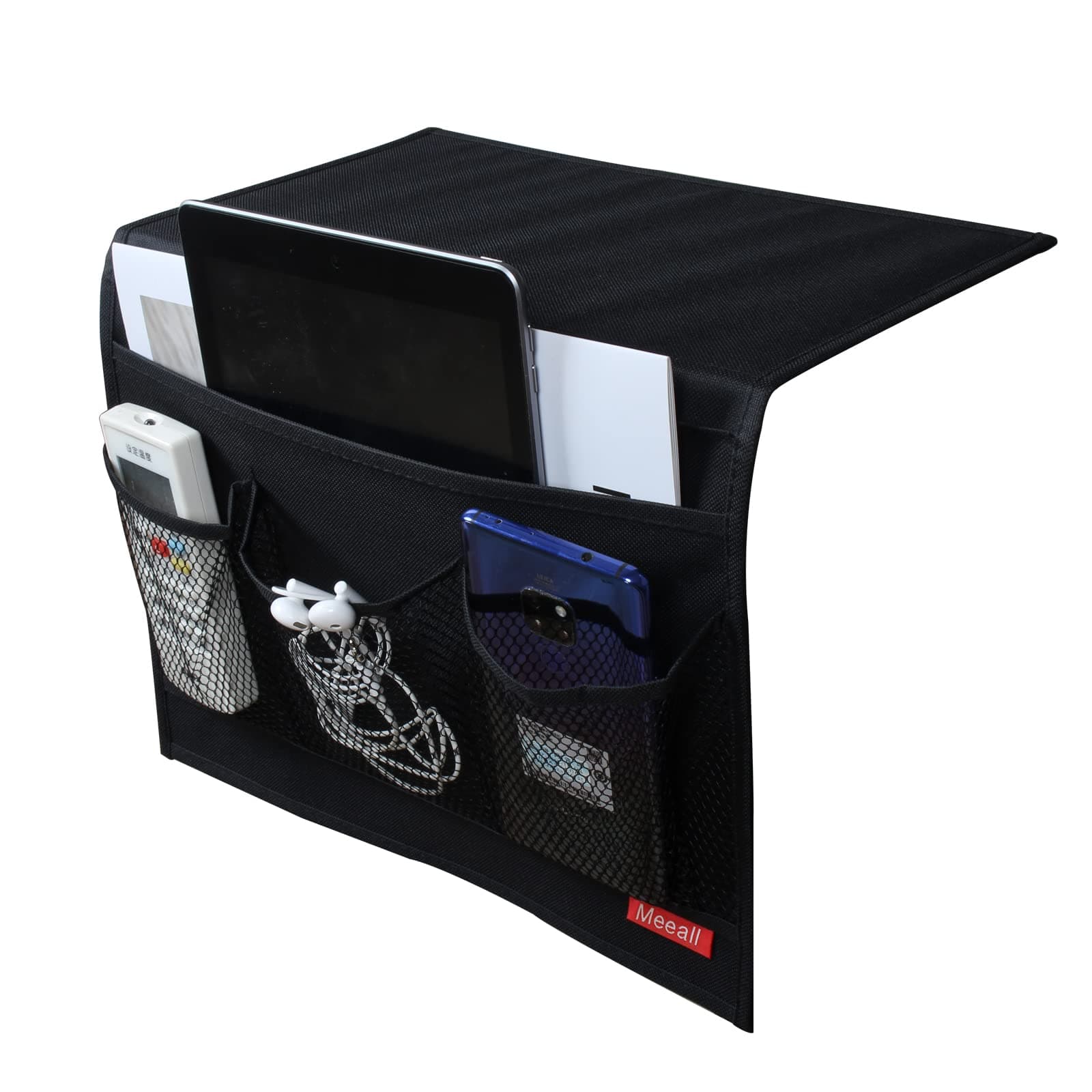 Bedside Caddy 4 Pockets Bedside Organizer Caddy Fit Tablet Magazine Phone Glasses, Under Mattress Remote Control Holder Storage Organizer, Black