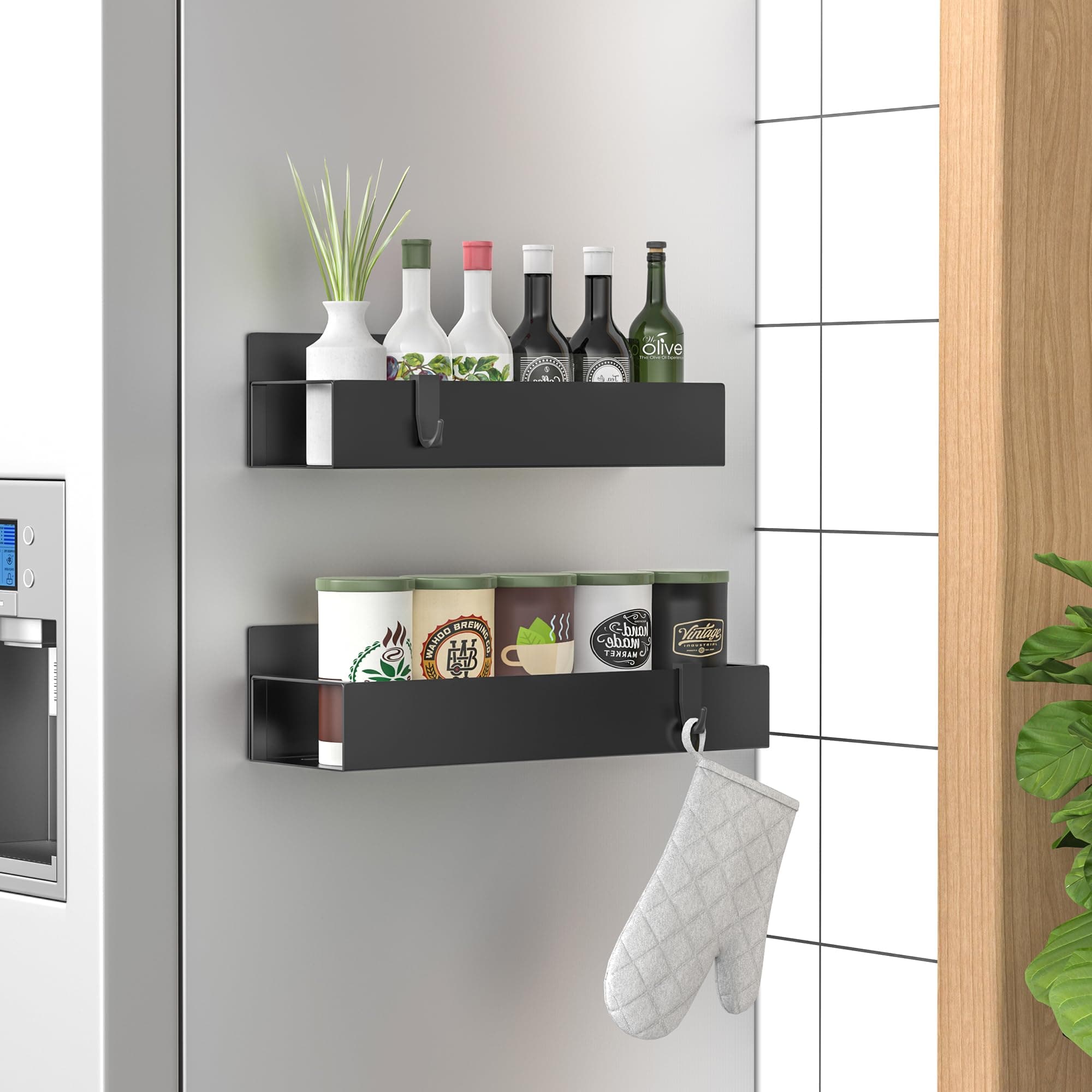 2 Pack Magnetic Spice Storage Rack Organizer for Refrigerator and Oven, Matt Black Fridge Organizers and Storage
