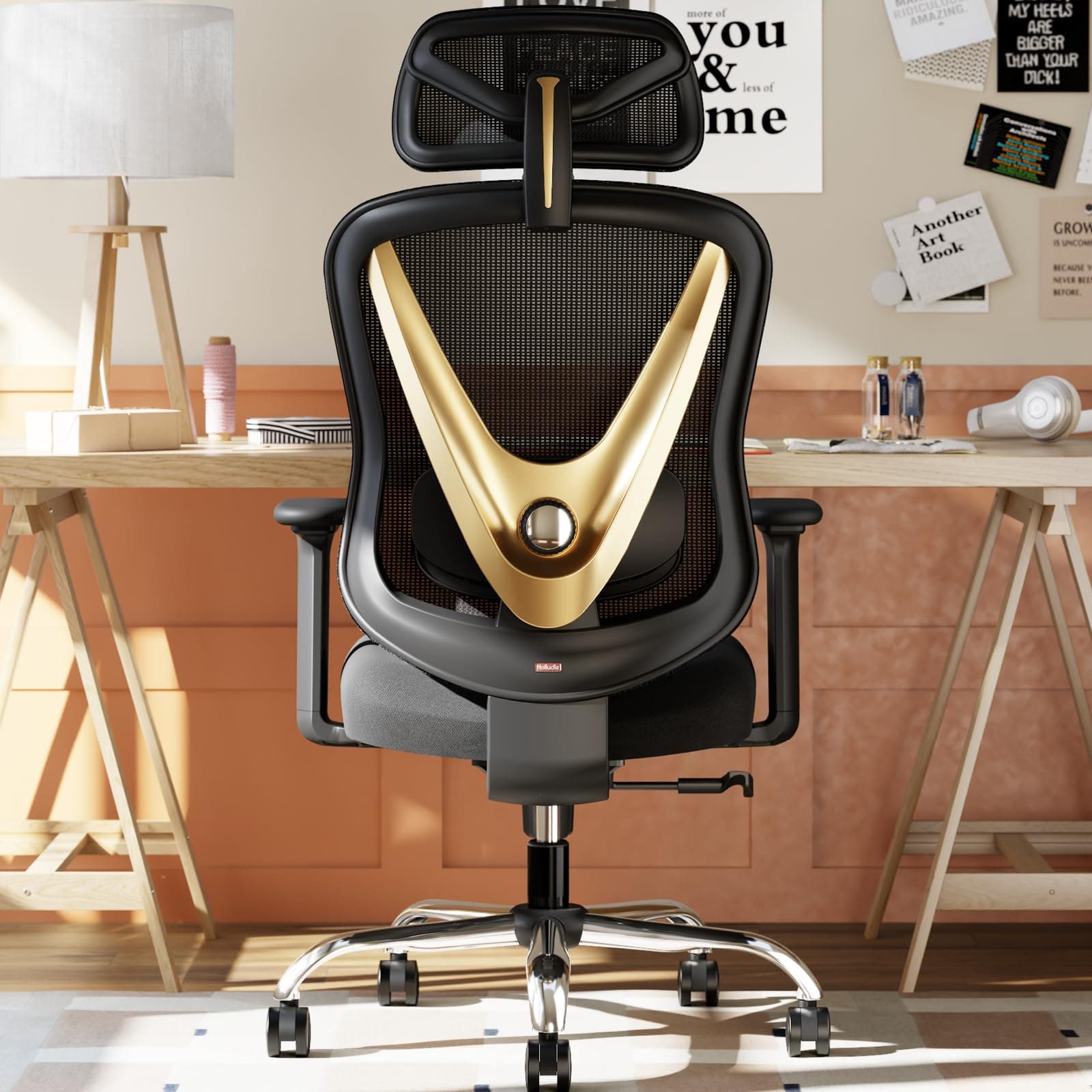 Ergonomic Office Chair with 3D Lumbar Support & 3D Adjustable Arms - Back V Design, Comfortable Office Chair for Office and Home, Black and Gold