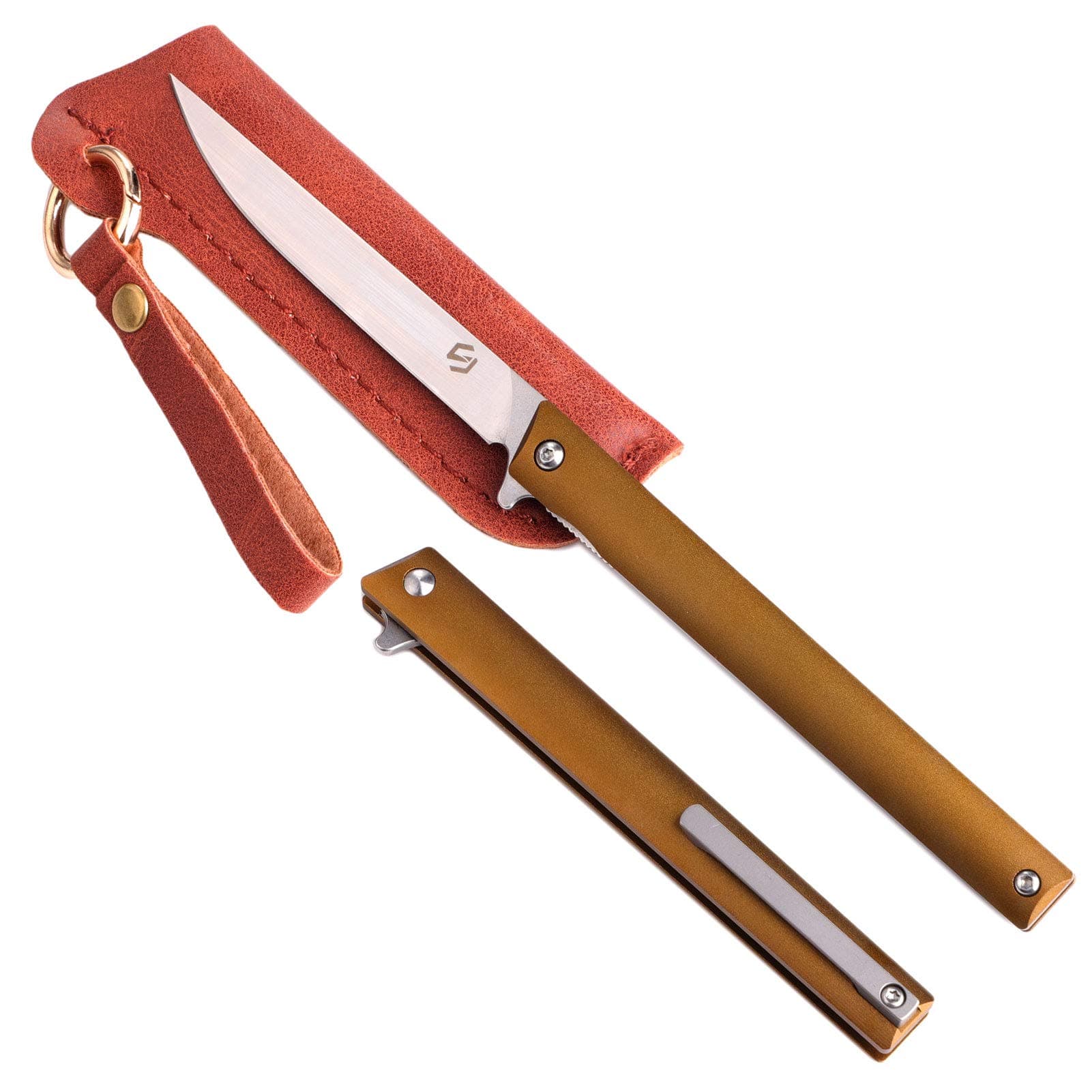 Samior GP035 Small Slim Folding Pocket Flipper Knife, 3.5 inches D2 Drop Point Blade, Aluminum Handle Liner lock, Titanium Pocket Clip Gentleman's EDC Knives, 1.4oz (Bronze)