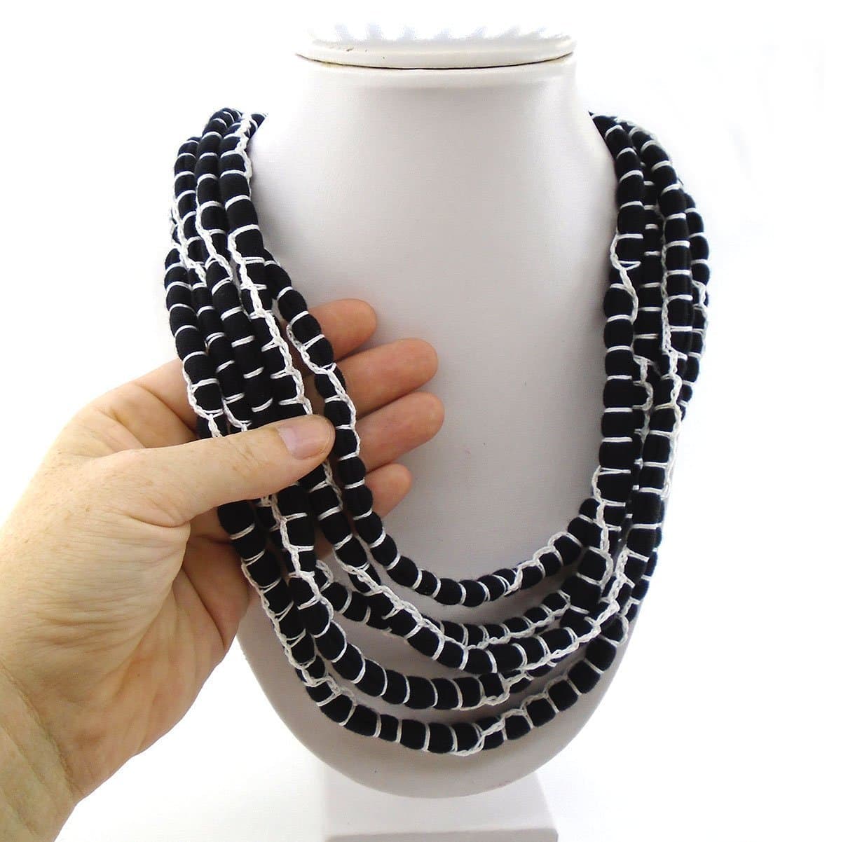 Black and White Crochet Fabric Layer Statement Necklace