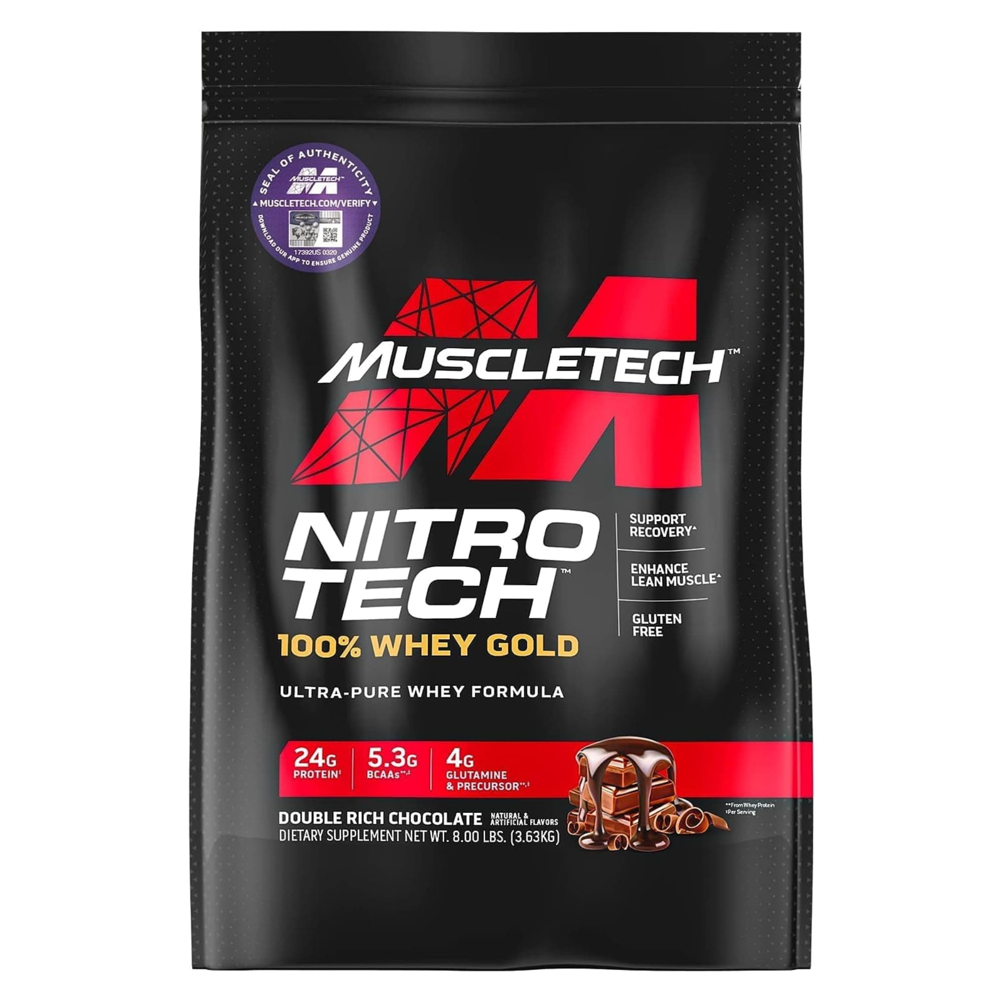 Muscletech Nitro Tech Ultra-Pure Whey Protein Formula for Fast Recovery Gluten Free with 24 grams Protein, 5.3 grams BCAAs & 4 grams Glutamine & Precursor, Double Rich Chocolate Flavor, 8.00 lbs