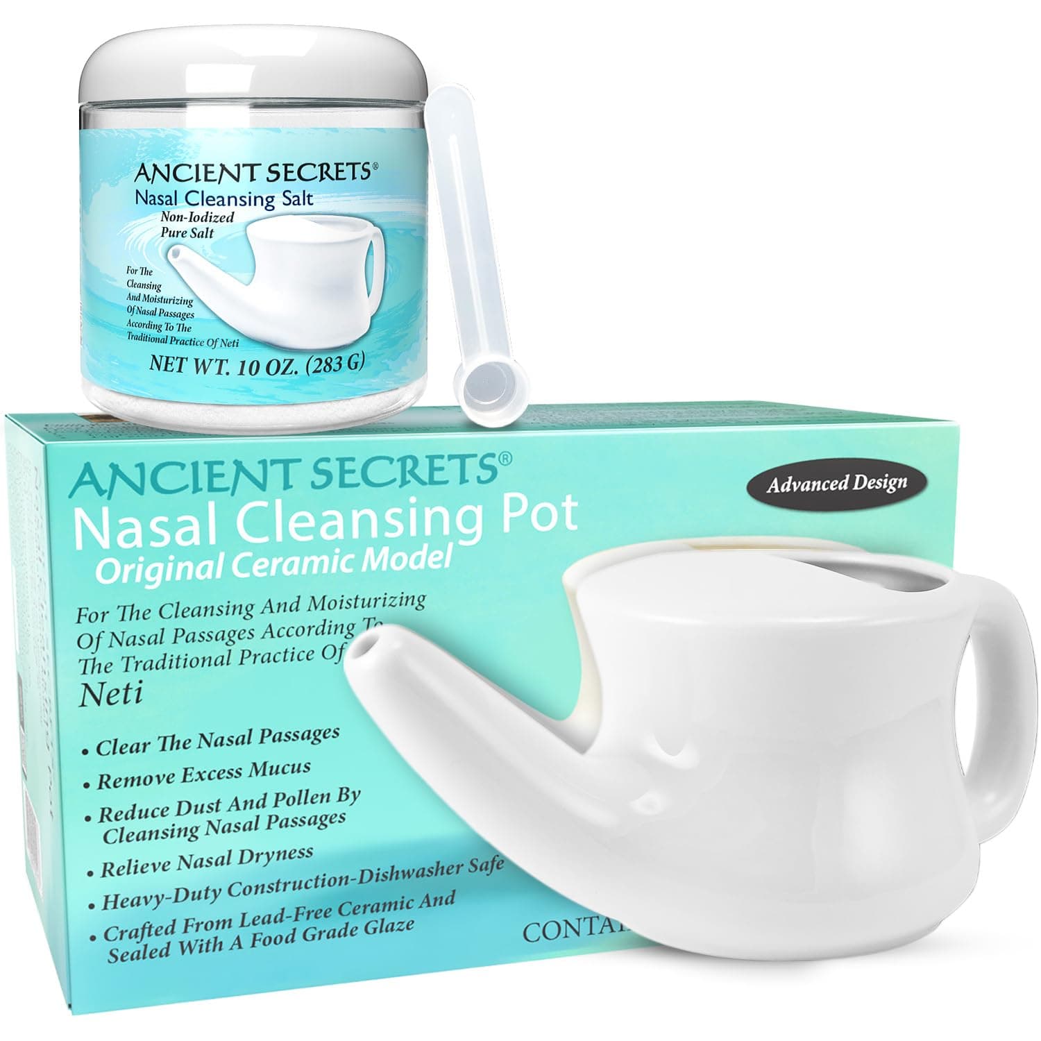 Ceramic Neti Pot, Non-Iodized Cleansing Salt Included – Nasal Irrigation System, Sinus Relief, Allergy Spray Alternative, Pack of 1