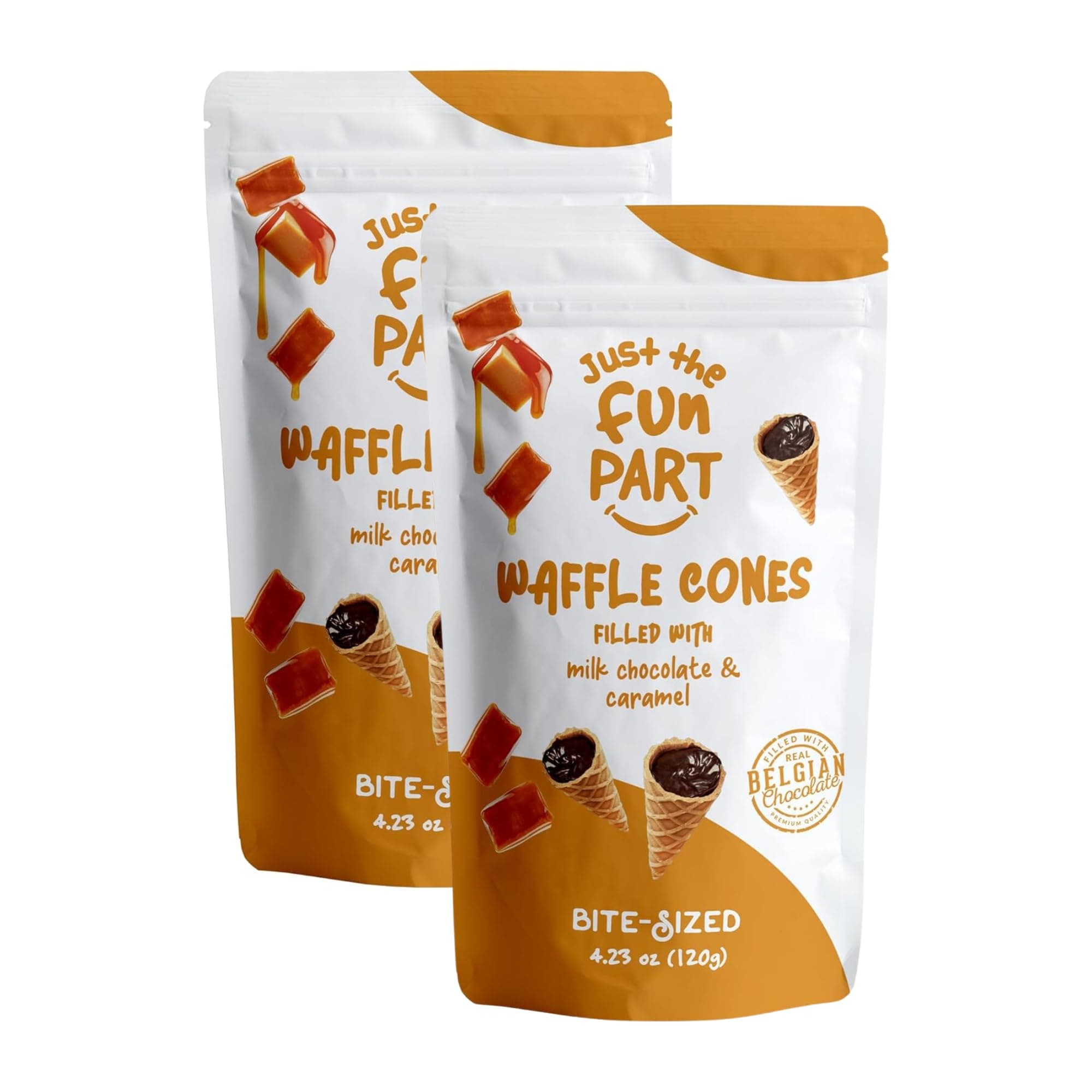 Just The Fun Part | Bite-Size Crispy Mini Waffle Cones | Filled With Premium Belgian Chocolate | Great For Snacks, Desserts, Grab & Go | Kosher | 4.23 Ounce (Pack of 2, Caramel, Milk Chocolate)