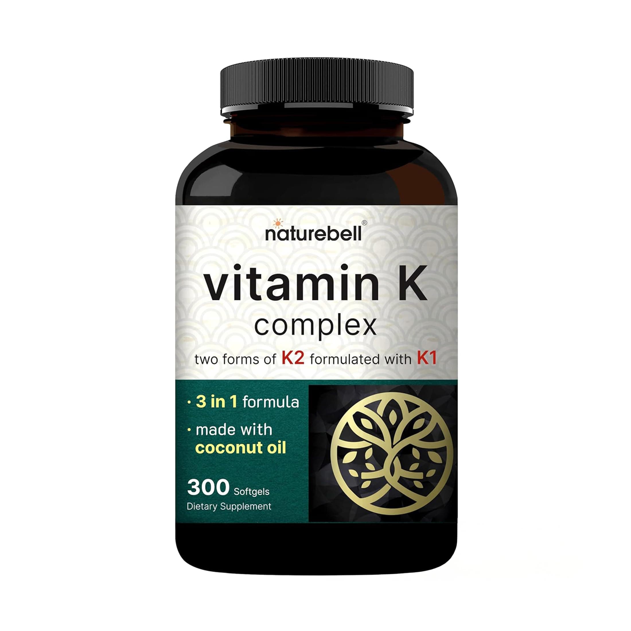 NatureBell Vitamin K Complex, K1 + K2 (MK-7 & MK-4) 2,600mcg Per Serving, 300 Coconut Oil Softgels | Max Absorption – Full Spectrum K Vitamins Supplement | Heart & Bone Support | Non-GMO