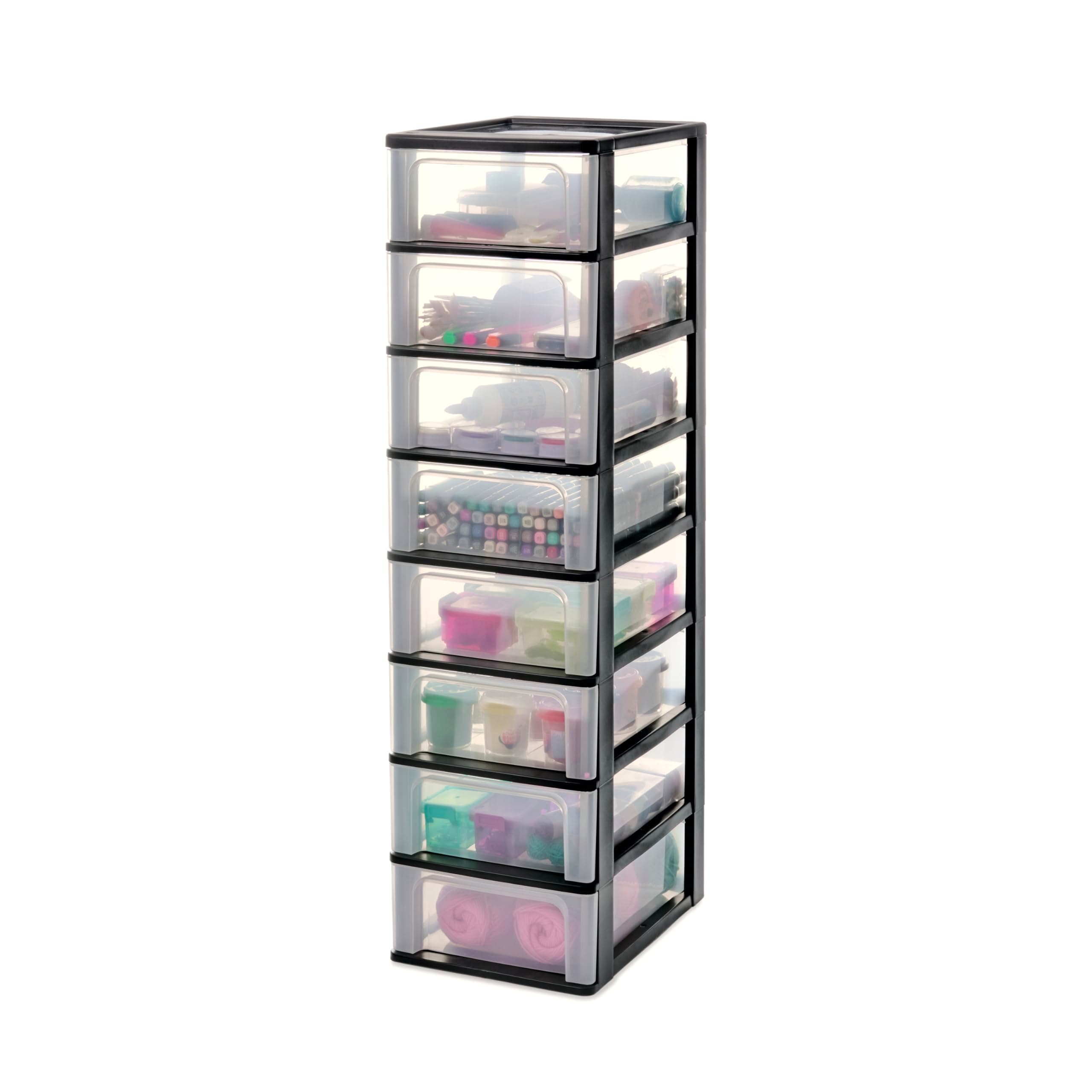 Plastic Storage Drawers Unit, 8 Shallow Drawers, Black, Easy-Pull Drawers, A4, A5 & A6 Format, File Organiser, For Office, School, Stationary, BPA Free, Chest, Tower, OCH-2008