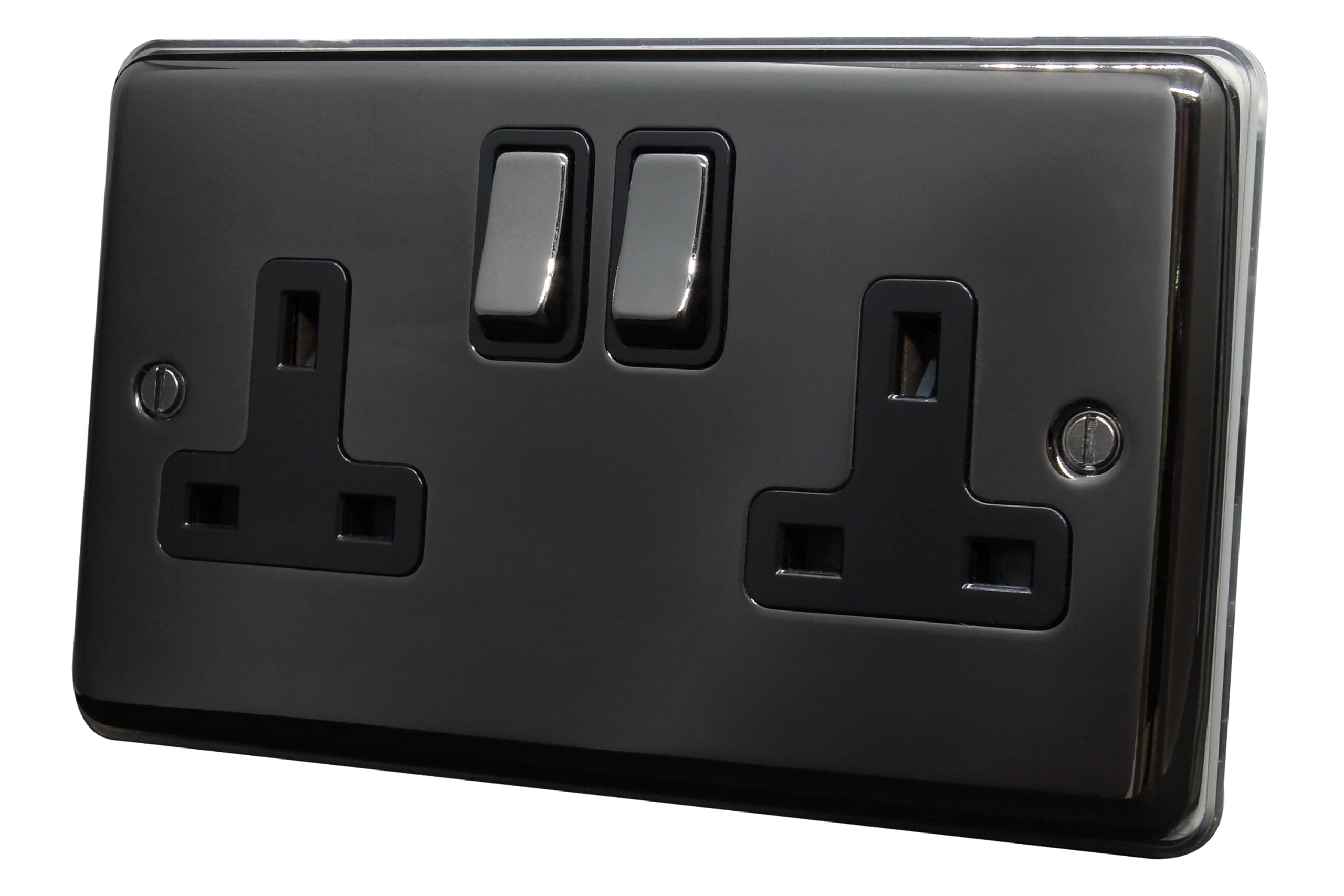 Discount Electrix 2 Gang Plug Socket Outlet Black Nickel Finish with Black Inserts