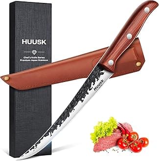 Huusk Fillet Knife for Meat Hand Forged Boning Knives 7 Inch Fish Filet Brisket Trimming Knife with Leather Sheath Japanese Butcher Knife for Fish Chincken Gift for Dad
