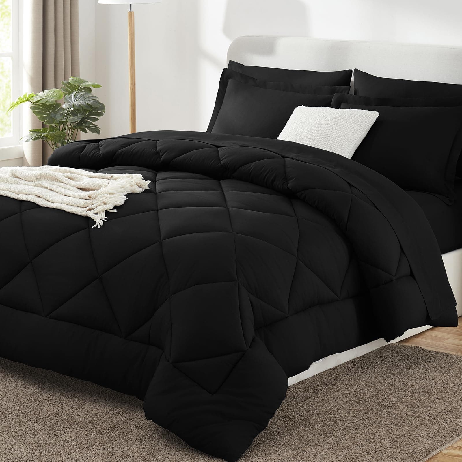 Queen Comforter Set Black - Bed in a Bag Queen Size 7 Pieces, Luxury Soft Bed Set for All Seasons, Bedding Set with Down Alternative Comforter, Sheets, Pillowcases & Shams