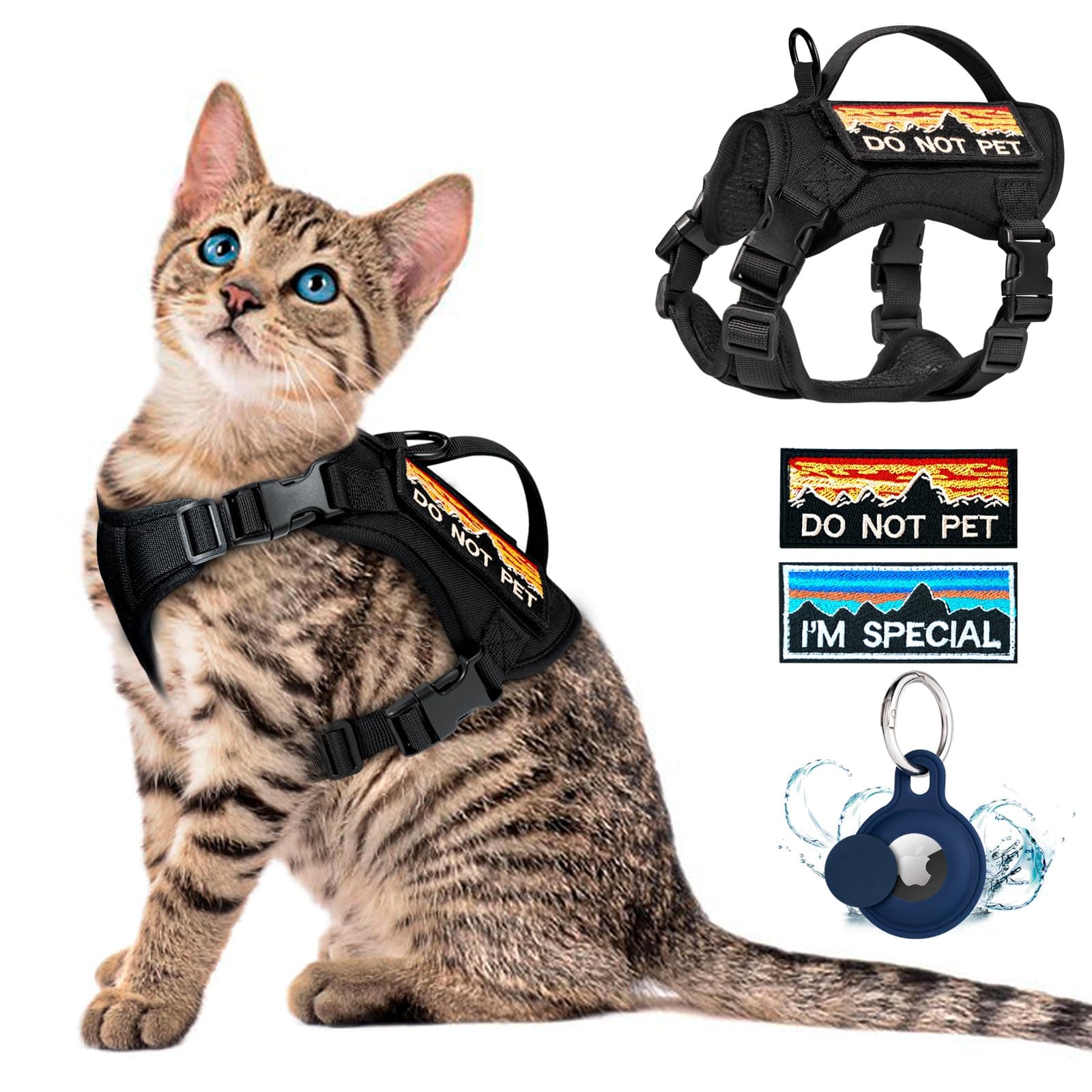 Tactical Cat Harness for Walking, Adjustable Escape Proof Pet Vest for Large Cat,Easy Control Breathable Cat Vest with Handle，Molle Patches (Black, L)