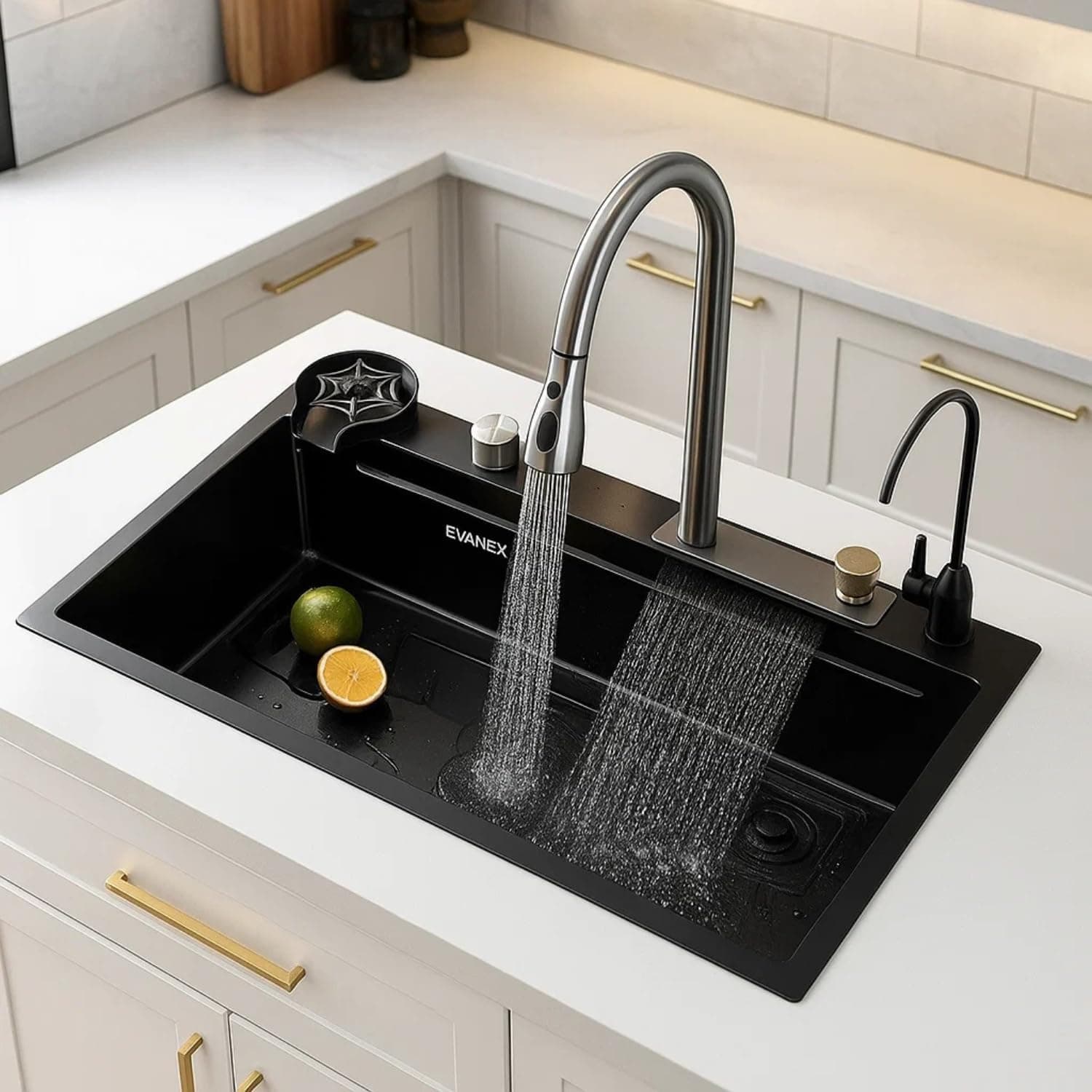 EVANEX Kitchen Sink | 37x18x9 Waterfall Sink for Kitchen Single Bowl | Integrated Waterfall & Pull-down Faucet | 304 Grade Stainless Steel Sink with Anti-Scratch Honeycomb Design