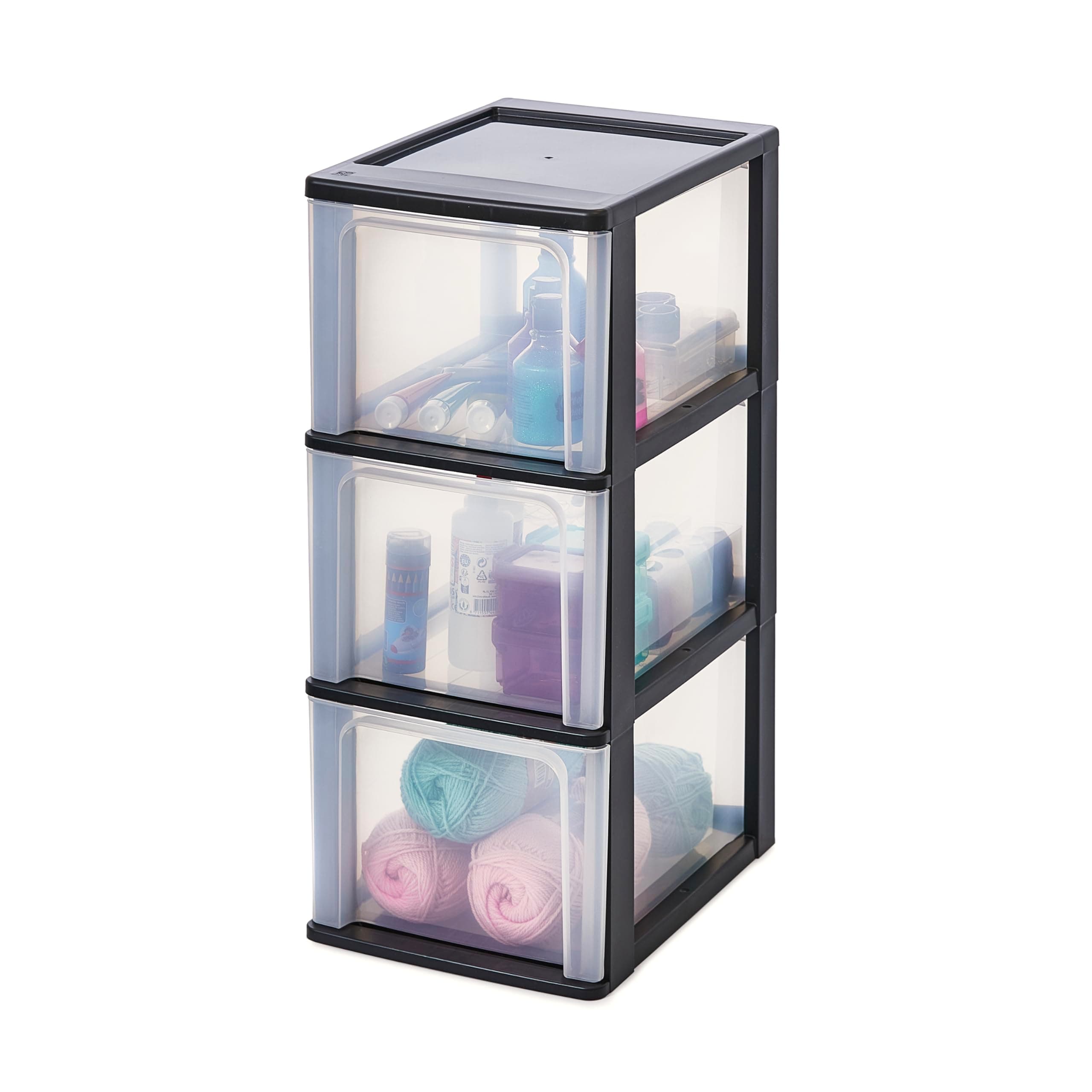 Iris Ohyama Plastic Storage Drawers Unit, 3 Deep Drawers, Black, Easy-Pull Drawers, A4, A5 & A6 Format, File Organiser, For Office, School, Stationary, BPA Free, Chest, Tower, OCH-2300