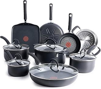 T-fal Ultimate Hard Anodized Nonstick Pots and Pans Set 14 Piece, Oven Broiler Safe 400F, Kitchen Cooking Set w/Fry Pans, Saucepans, Griddle, Dutch Oven, Dishwasher Safe, Cookware, Black