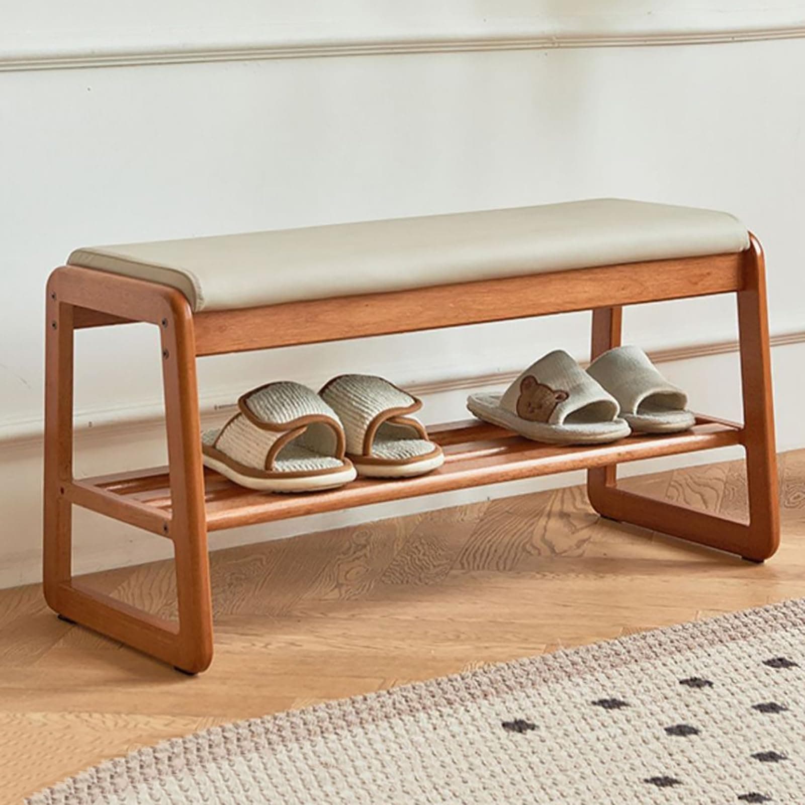 2-Tier Shoe Bench, Solid Wood Shoe Organizer Modern Shoe Rack with Cushion Padded Seat,Holds Up to 330Lbs,Ideal for Entryway,Living Room, Hallway(A,100x34x42cm)