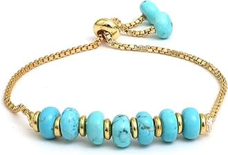 Gempires Turquoise Beads Bracelet, Bolo Style, 14k Gold Plated 6 to 8 inch Adjustable, Crystal Bracelets, Handmade Bracelets for Women and Girls (Turquoise Quartz)