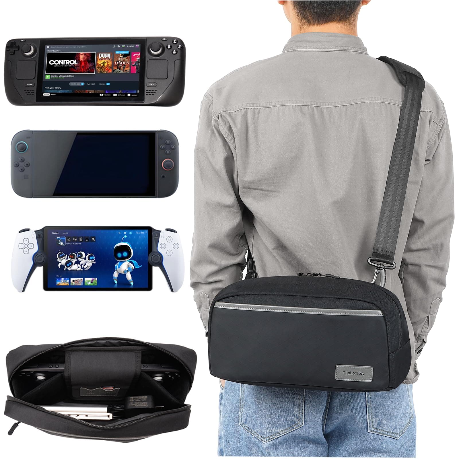 Carrying Case Travel Bag for Nintendo Switch 2 2025/Switch 1/Steam Deck/OLED/PlayStation Portal, Protective Crossbody Bag for Lenovo Legion Go/ASUS ROG Ally/X Console & Accessories Storage