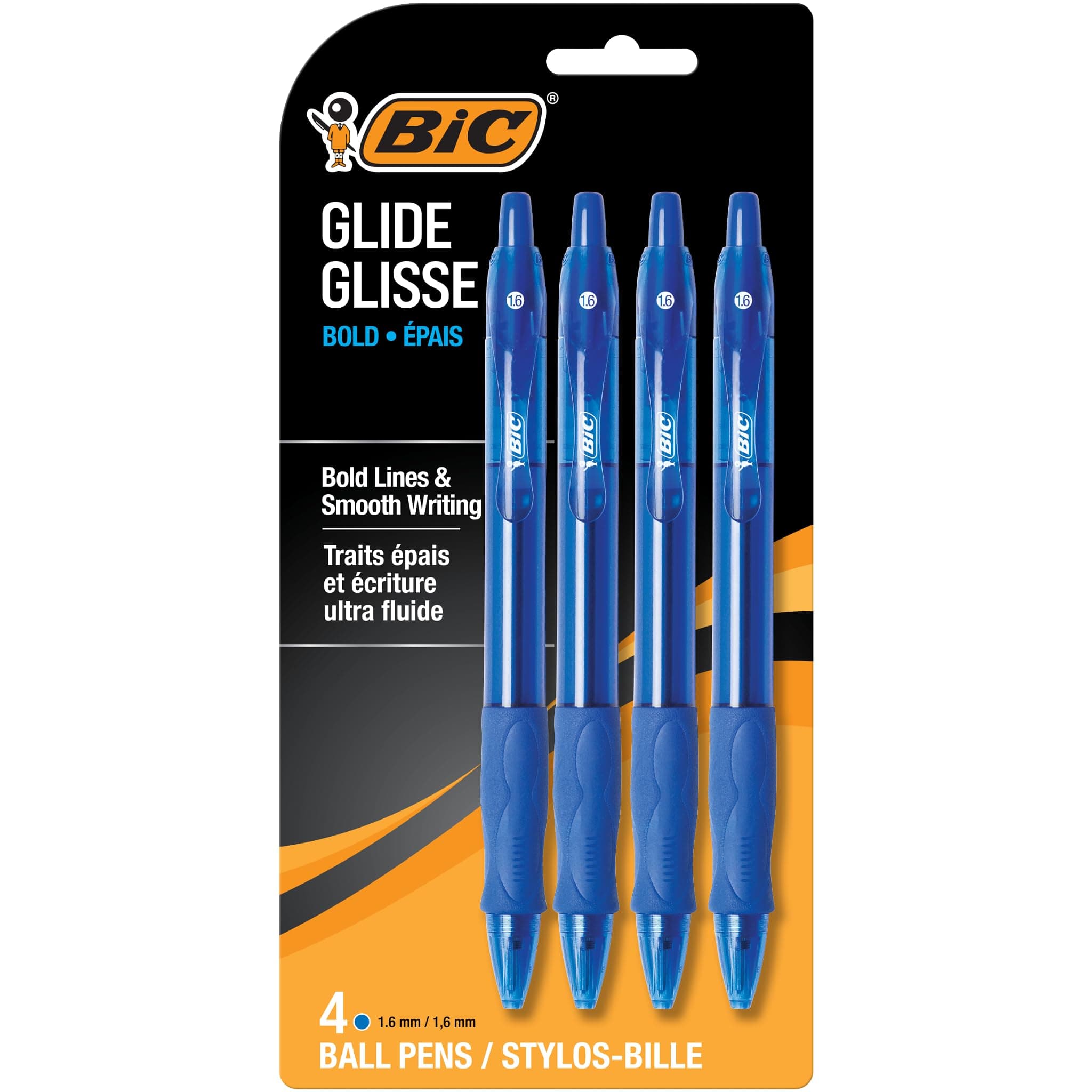 BIC Glide Bold Blue Ballpoint Pens, Bold Point (1.6mm), 4-Count Pack, Retractable Ballpoint Pens With Comfortable Full Grip