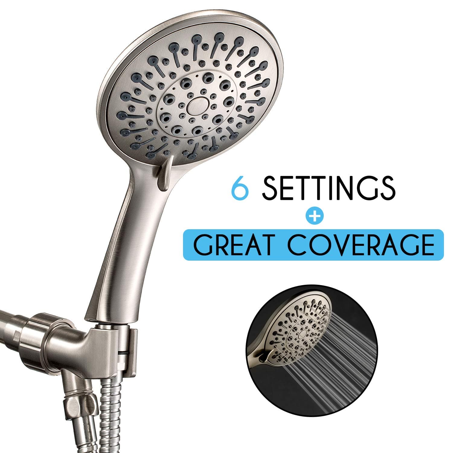 ANZA Shower Head With Handheld and 6 Spray Settings, 5" Detachable Hand held Showerhead, with Long Hose and Adjustable Brass Bracket (Brushed Nickel)