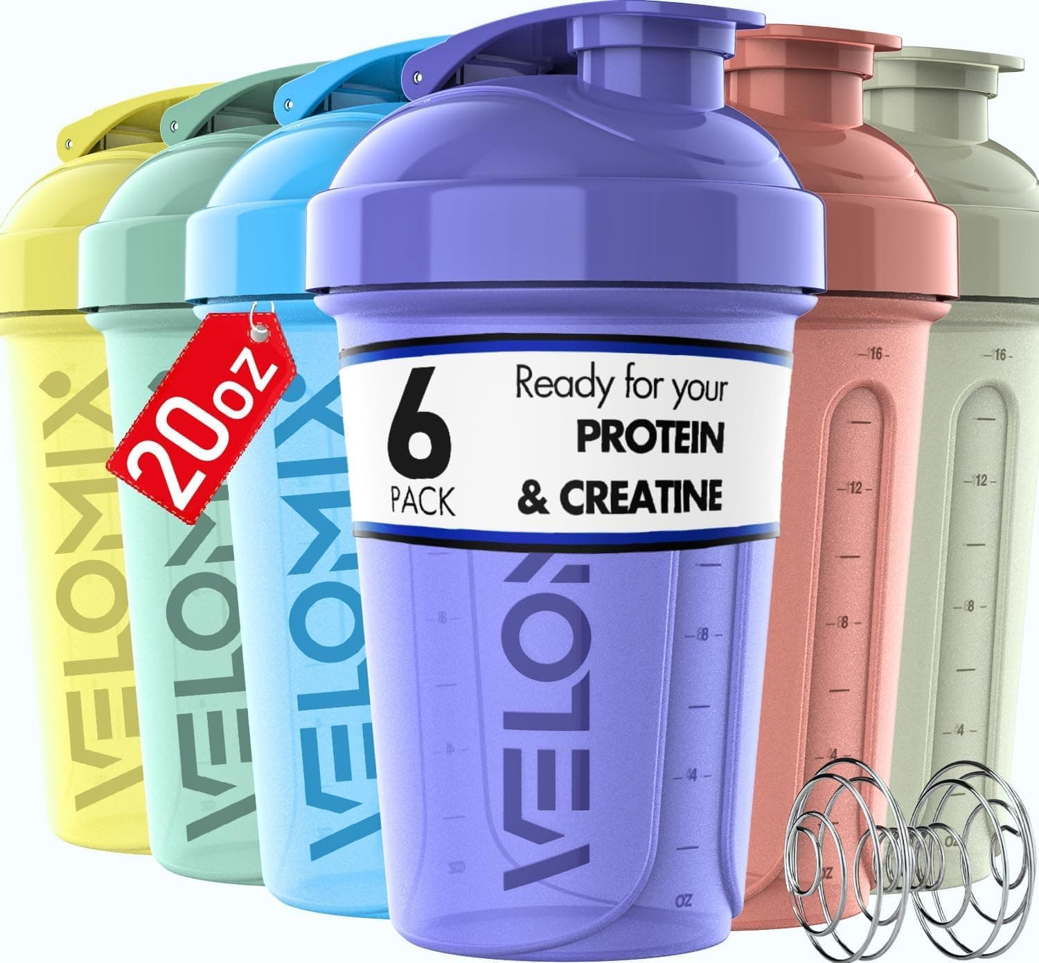 6 PACK- 20 oz Protein Shaker Bottle for Protein Mixes - 6x Wire Whisk | Leak Proof Shaker Cups for Protein Shakes | Stackable Protein Shaker Bottle Pack | Dishwasher Safe (Pastel Shades)