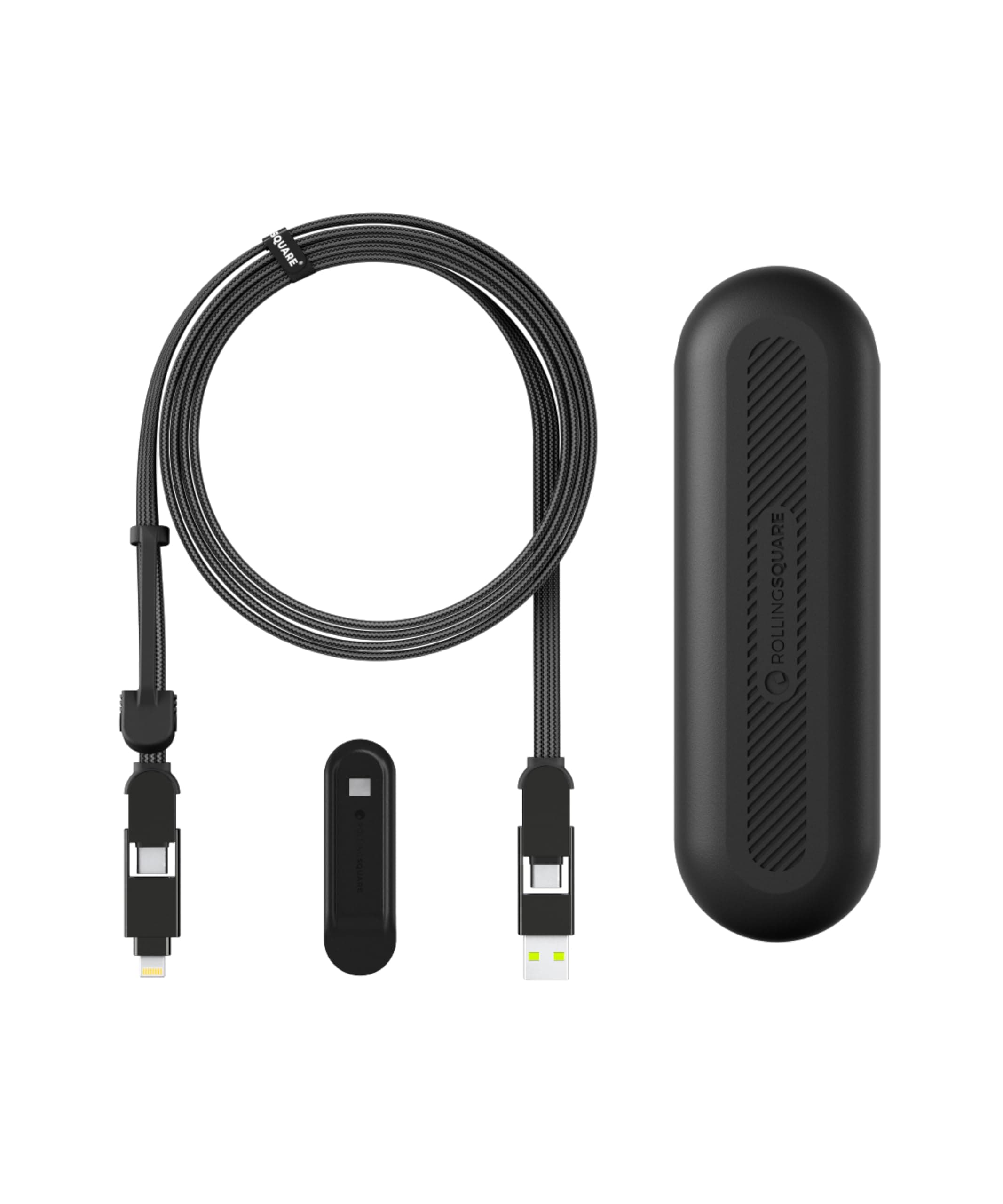 Rolling Square inCharge XL 200 cm - USB-C Cable, Universal Smartphone Cable, Gift for Men, 6-in-1 Universal Charger for Smartphones, Technical Gadget, Black, Lightning Cable 100W