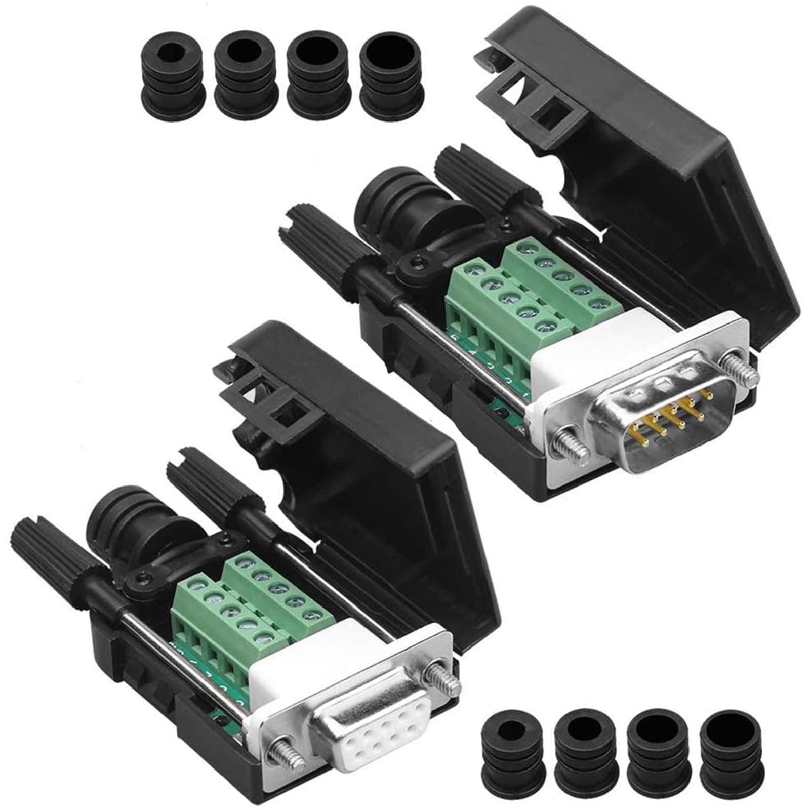 – 2PCS DB9 Solderless RS232 D-SUB Serial to 9-pin Port Terminal Adapter Connector Breakout Board with Case Long Bolts Tail Pipe (Male+Female)