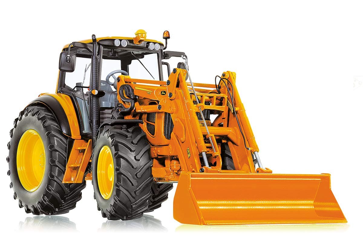 Wiking 077342 John Deere 7430 Model Tractor with Front Loader and Front Loader Tools, 1:32, Metal/Plastic, Orange, from 14 Years, Many Functions, Front Loading Changing System, Bonnet for Opening