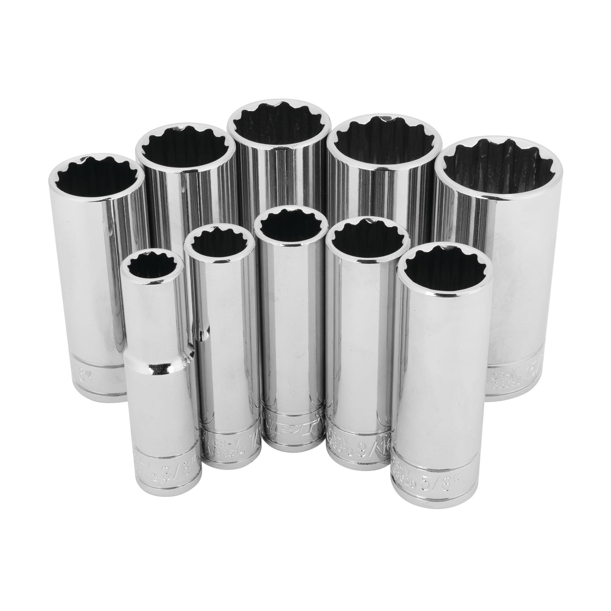 W38600 3/8" Dr 12pt SAE DW Deep Socket Tool Set for Garages and Workshops, Chrome, 10 pieces