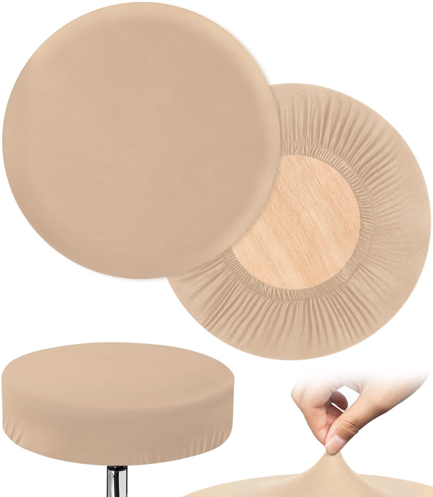 HFATMOS Bar Stool Covers Round, 2 Pcs Stool Slipcovers High Elastic, Circle Chair Covers, Soft & Easy to Clean Chair Seat Cushion Slipcover Fit for Stool of Dia 14-17 Inch , Beige