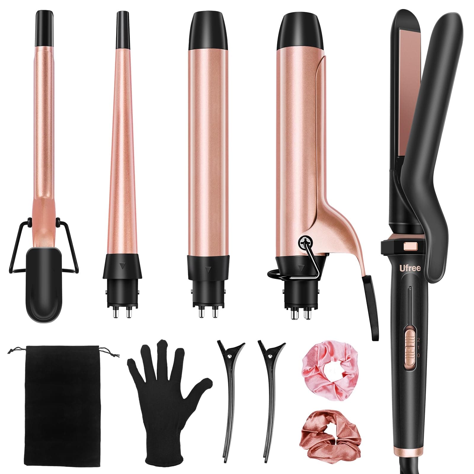 Ufree 5 in 1 Curling Iron with Interchangeable Ceramic Barrels (0.35"-1.25"), Curling Wand Set with Flat Iron Hair Straightener, Instant Heat Up, Dual Voltage Hair Curler, Gifts for Women