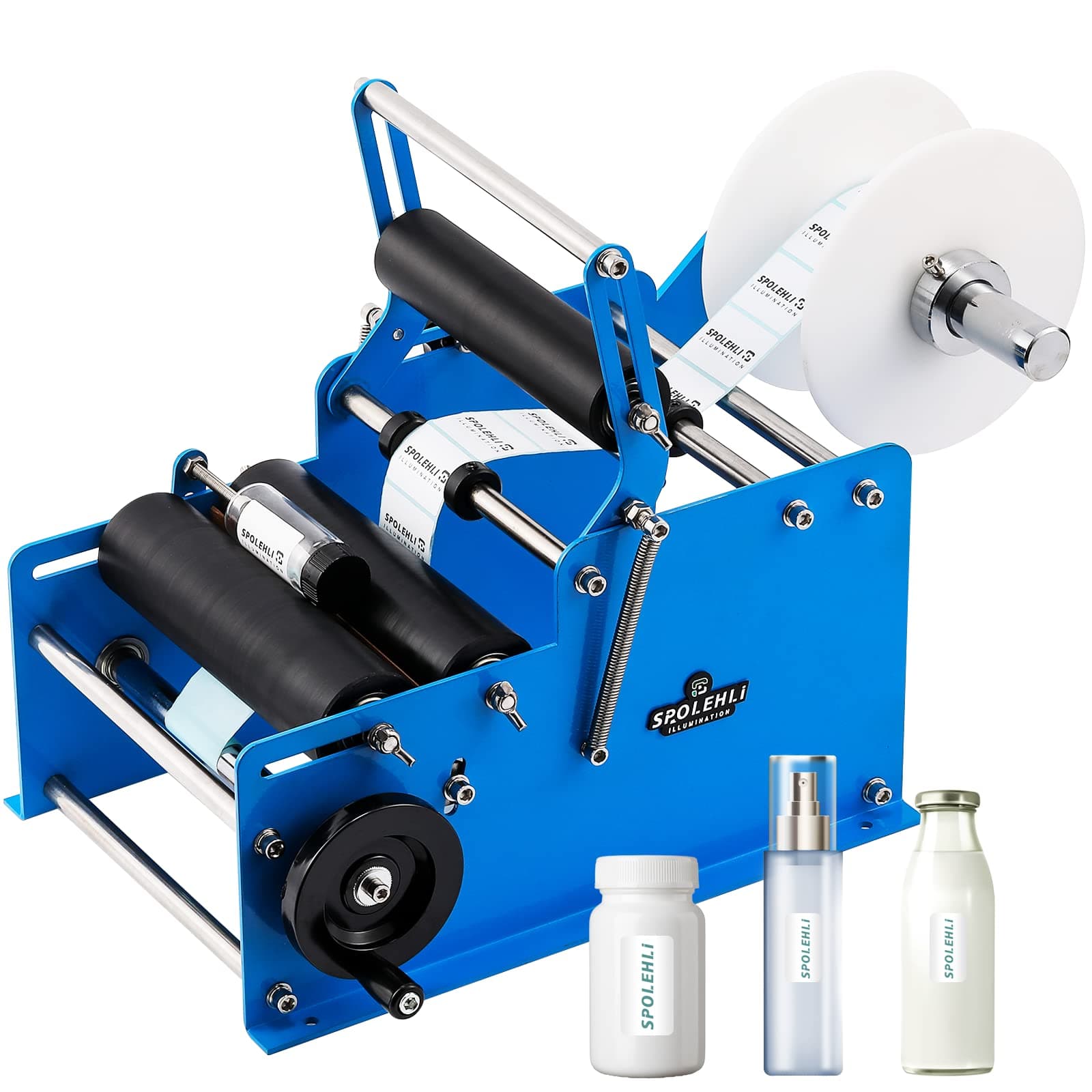 Bottle Labeling Machine with Swing Arm, Manual Round Bottle Labeler Label Applicator Adjustable Self-Adhesive Labeling Machine for φ0.6-4.7” Cylinder (with Pressing bar)