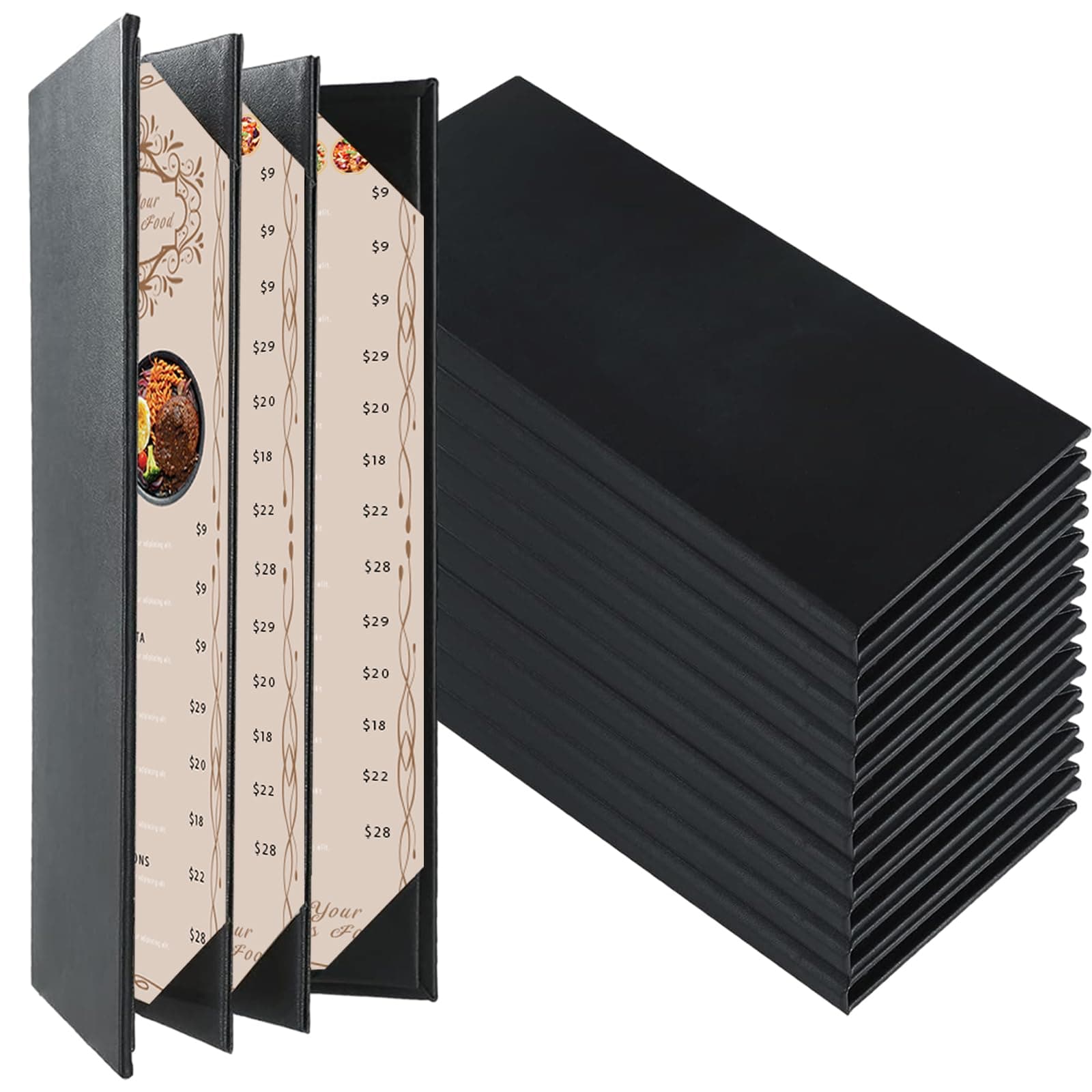 Restaurant Menu Covers Holders 4.25" x 11" | Pack of 10 Synthetic Leather Quad Fold Panels 6 View Angled Corners Black for Wine List, Drinks (10, Quad Fold Panels 6 View (4.25 x 11 inch))