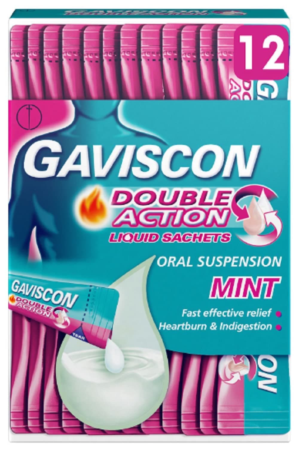 Gaviscon Double Action Mint Liquid Sachets, 12 Pack - Fast-Acting Heartburn, Indigestion, Acid, Stomach Pain Relief, Long-Lasting Antacid for Digestion and Nausea