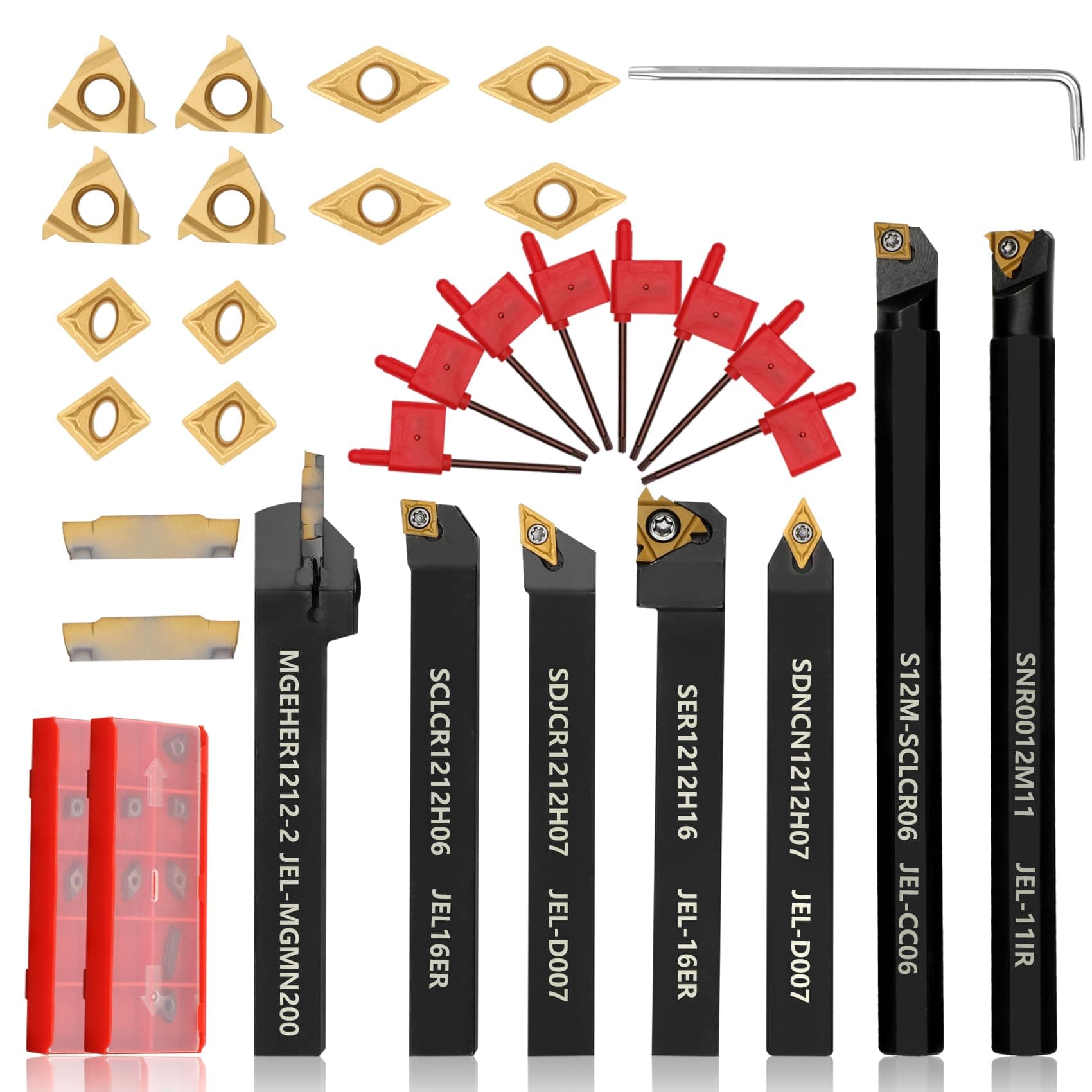 Indexable Lathe Turning Tool 21Pcs Kit 1/2'' 12mm Shank 7 Pcs Metal Lathe Tool Holder Set with 14 Pcs Turning Inserts for Turning Grooving Threading Boring Carbide Inserts Carbide Turning Tool