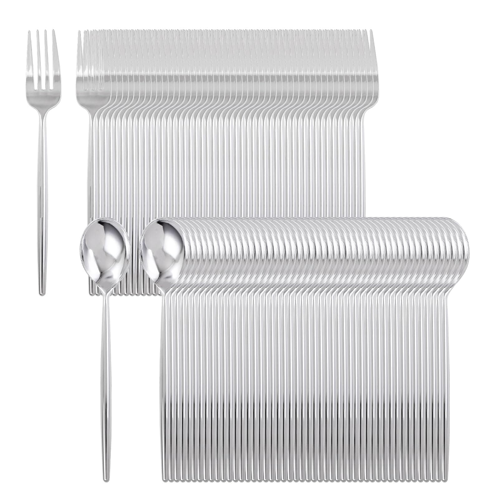 SUT 200Pcs Plastic Silverware,Plastic Spoons and Forks, Disposable Silverware,Silver Plastic Silverware, Disposable Forks and Spoons, Includes 100 forks, 100 spoons for Party, Birthday, Wedding