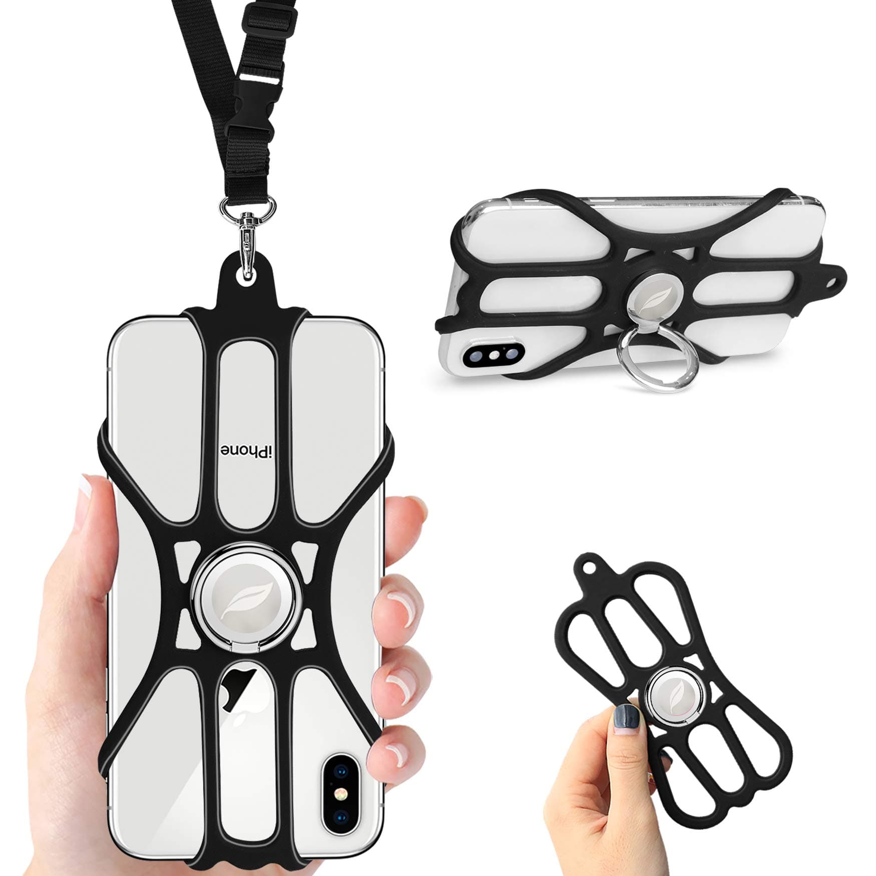 ROCONTRIPPhone Lanyard Silicone Case Mobile Phone Strap with Adjustable Strap and Removable Finger Ring Stand for 4.7-6.5 Inch Smartphone Universal for iPhone 11, X, 8.7, 6S Galaxy, Huawei