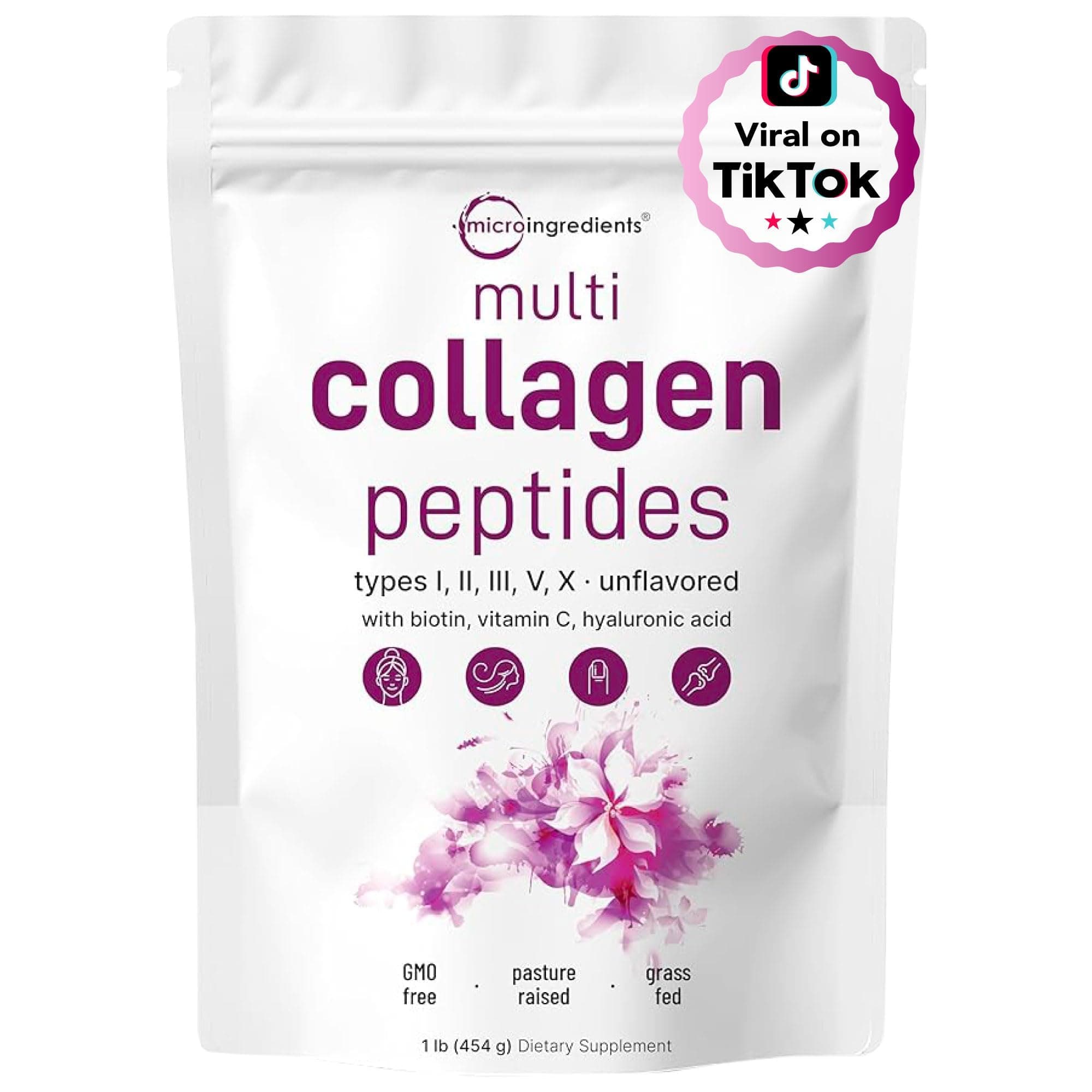 Multi Collagen Peptides Powder, 1 Pound (16 Ounce) - Type I,II,III,V,X with Biotin 10,000mcg, Hyaluronic Acid, Vitamin C - Unflavored - Keto & Paleo Friendly, Easy Dissolve, Non-GMO, Gluten Free