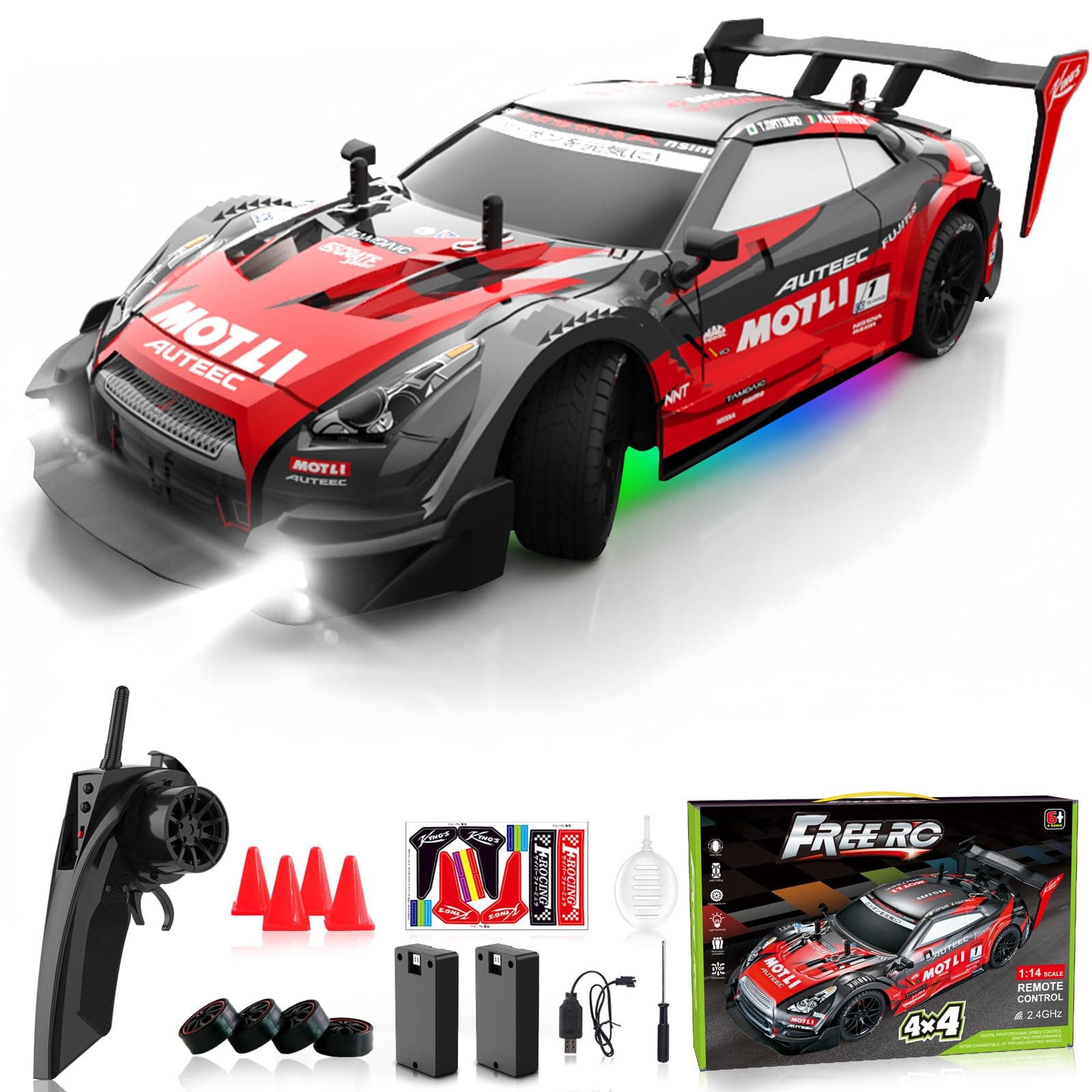 Remote Control Car RC Drift Car 1:16 Scale 4WD RC Vehicle with LED Lights 2.4GHz 30km/h RTR High Speed Racing Sport Toy for Adults Boys Girls Kids Gift 2Pcs Rechargeable Battery