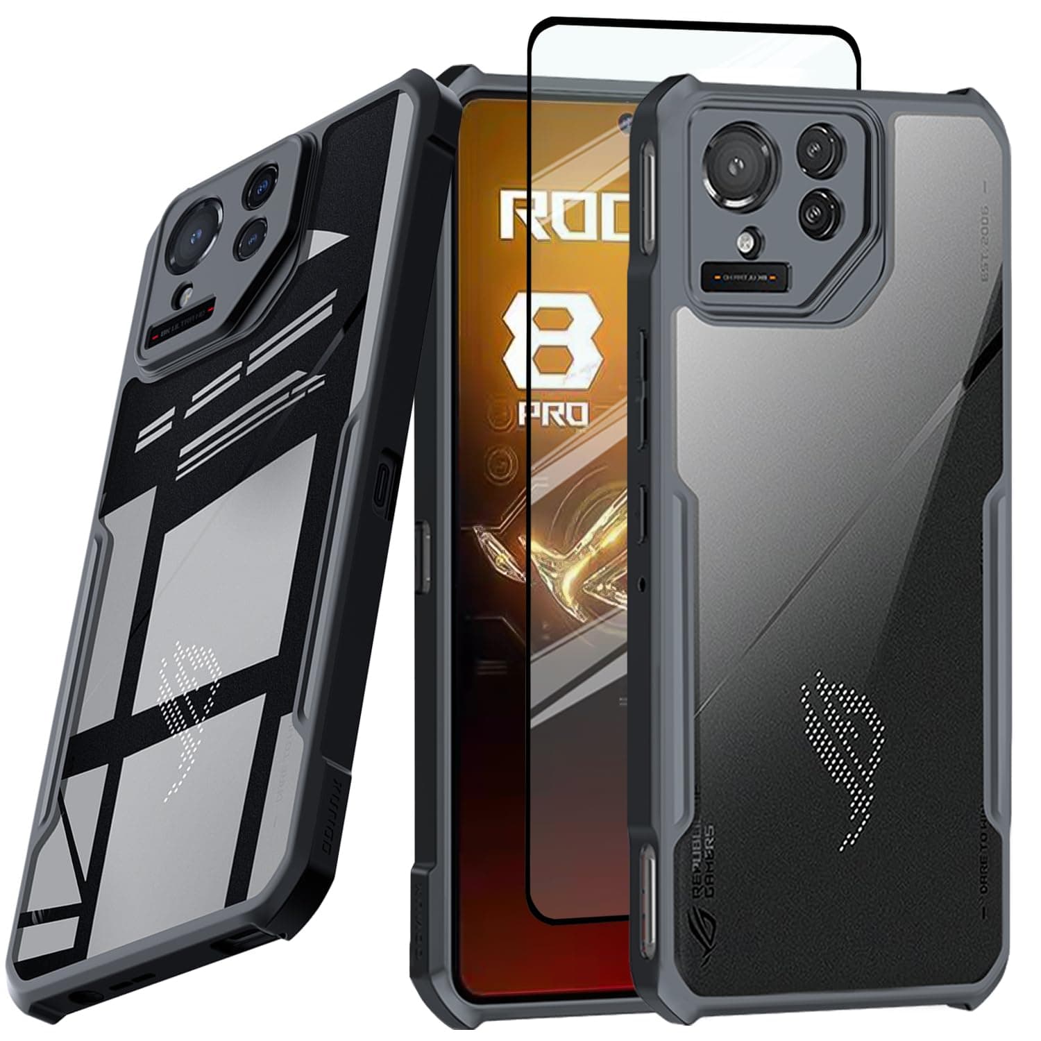 for ASUS ROG Phone 8 Pro 5G Case, Ultra-Thin Cover Soft TPU Bumper+ Acrylic Clear Back Military Grade Airbags Drop Protection[1 Tempered Film],Black