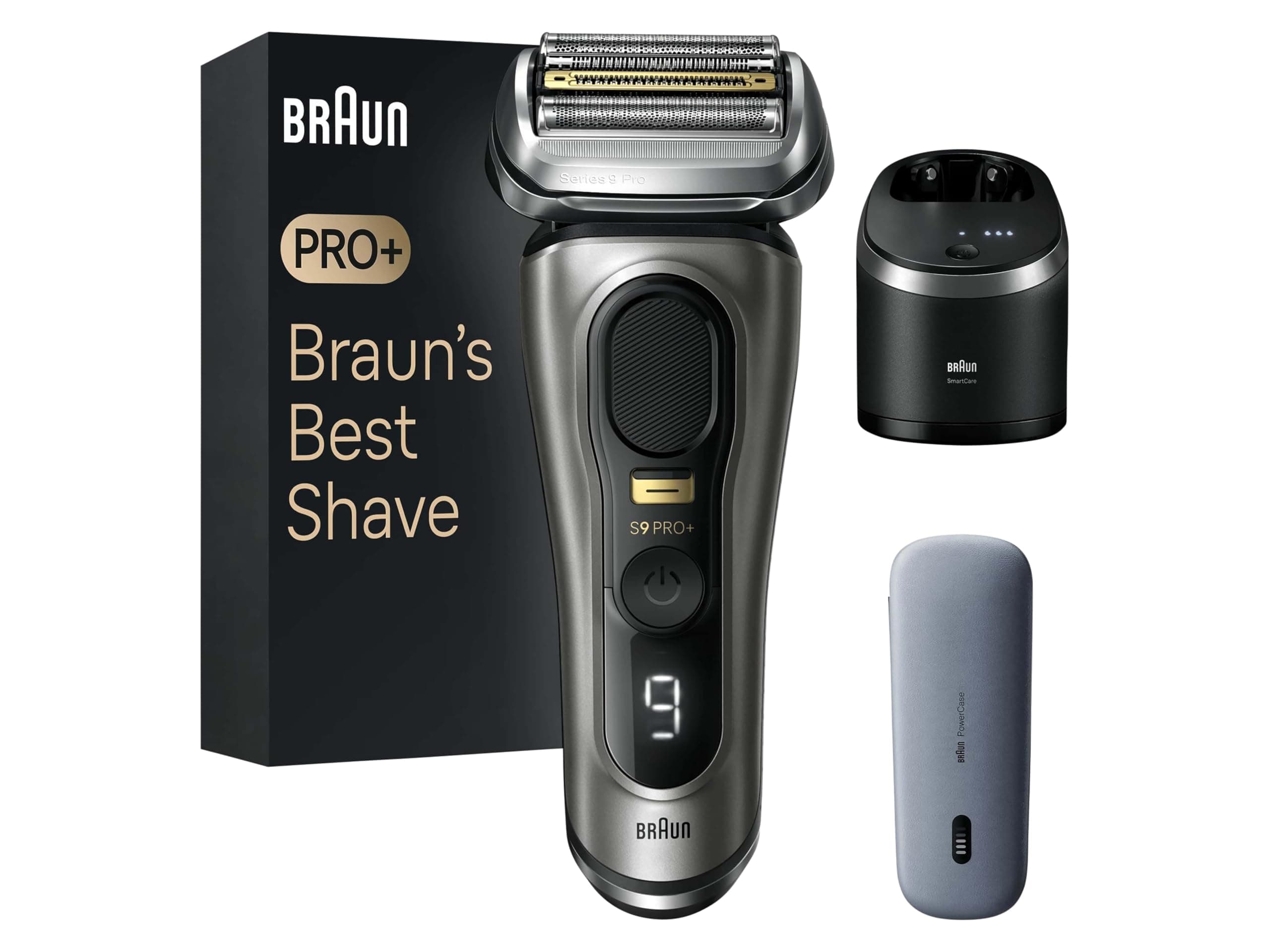 Series 9 Pro+ Electric Shaver with 5 Pro Shaving Elements, Men's Electric Shaver, Long Hair Trimmer, Cleaning Station, Charging Case, PowerCase, Made in Germany, 9575cc, Grey