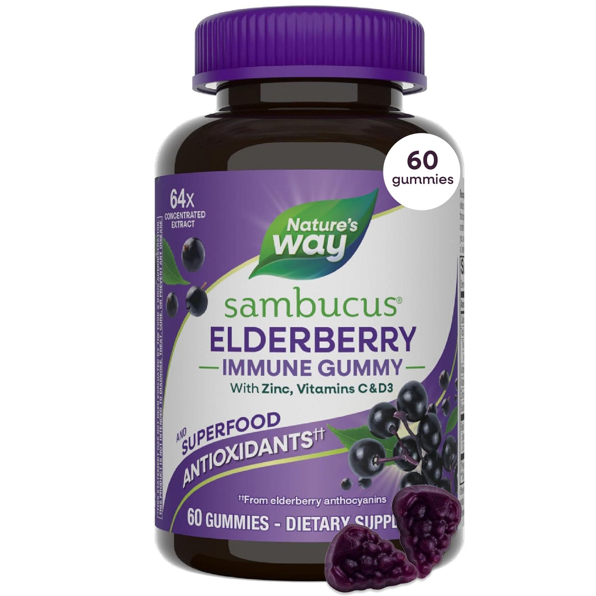Nature's Way - Sambucus Elderberry - 3200 mg per Serving - Immune Support - with Vitamin C and Zinc - Gluten Free - Suitable for Vegetarians - 60 Gummies