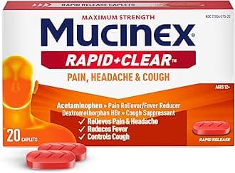 Rapid+Clear Maximum Strength Cold & Cough Medicine, Fever, Pain, Headache, & Cough Relief with Acetaminophen & Dextromethorphan, Rapid Release Caplets for Adults, 20 Count