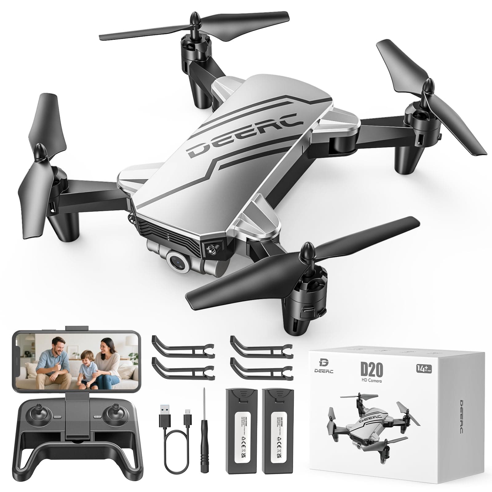 DEERC D20 Mini Drone for Kids with 720P HD FPV Camera, Foldable RC Quadcopter for Boys Girls with Altitude Hold, Headless Mode, One Key Start, Tap Fly, Speed Adjustment, 3D Flips, 2 Modular Batteries