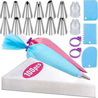 Piping Bags and Nozzles Set, 100Pcs 12 Inch Pastry Bags, Icing Bags Disposable for Cakes Decorating Kit with 1 Reusable Piping Bags, 1 Couplers, 12 Frosting Nozzles, 2 Bag Ties, 3 Cake Scraper