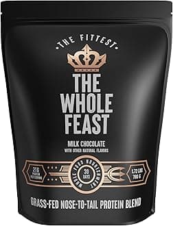 The Fittest Whole Feast Beef Protein Powder - Milk Chocolate - Grass Fed Nose to Tail Carnivore Blend Including Liver, Colostrum and Whole Bone - BCAAs - 14g Collagen, 21g Total Protein